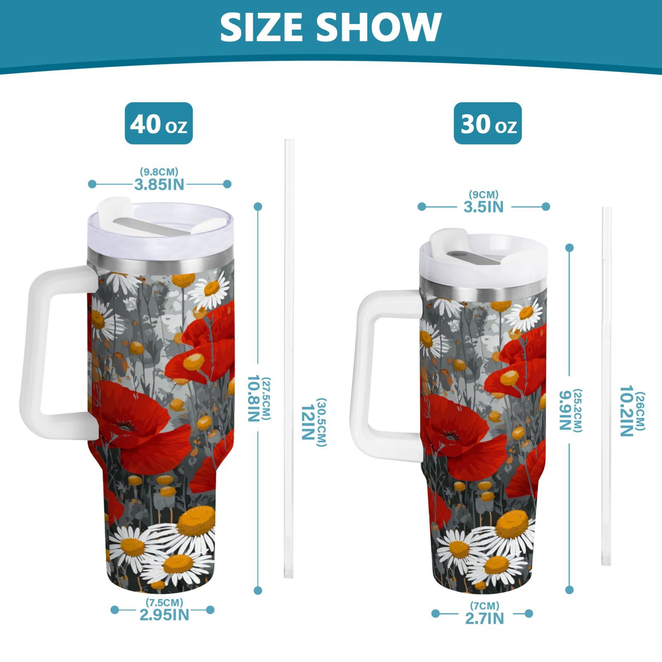 40 oz Insulated Stainless Steel Tumbler Double Wall Stainless Steel Tumbler with 2-Way Drinking Red Flowers and Daisies C498X