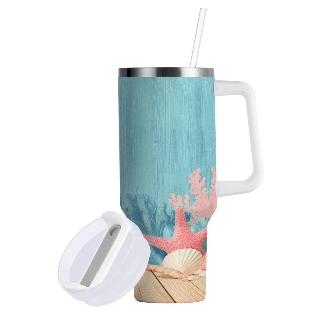 40 oz Insulated Stainless Steel Tumbler Double Wall Stainless Steel Tumbler with 2-Way Drinking Colorful Starfish and Seashells C636R