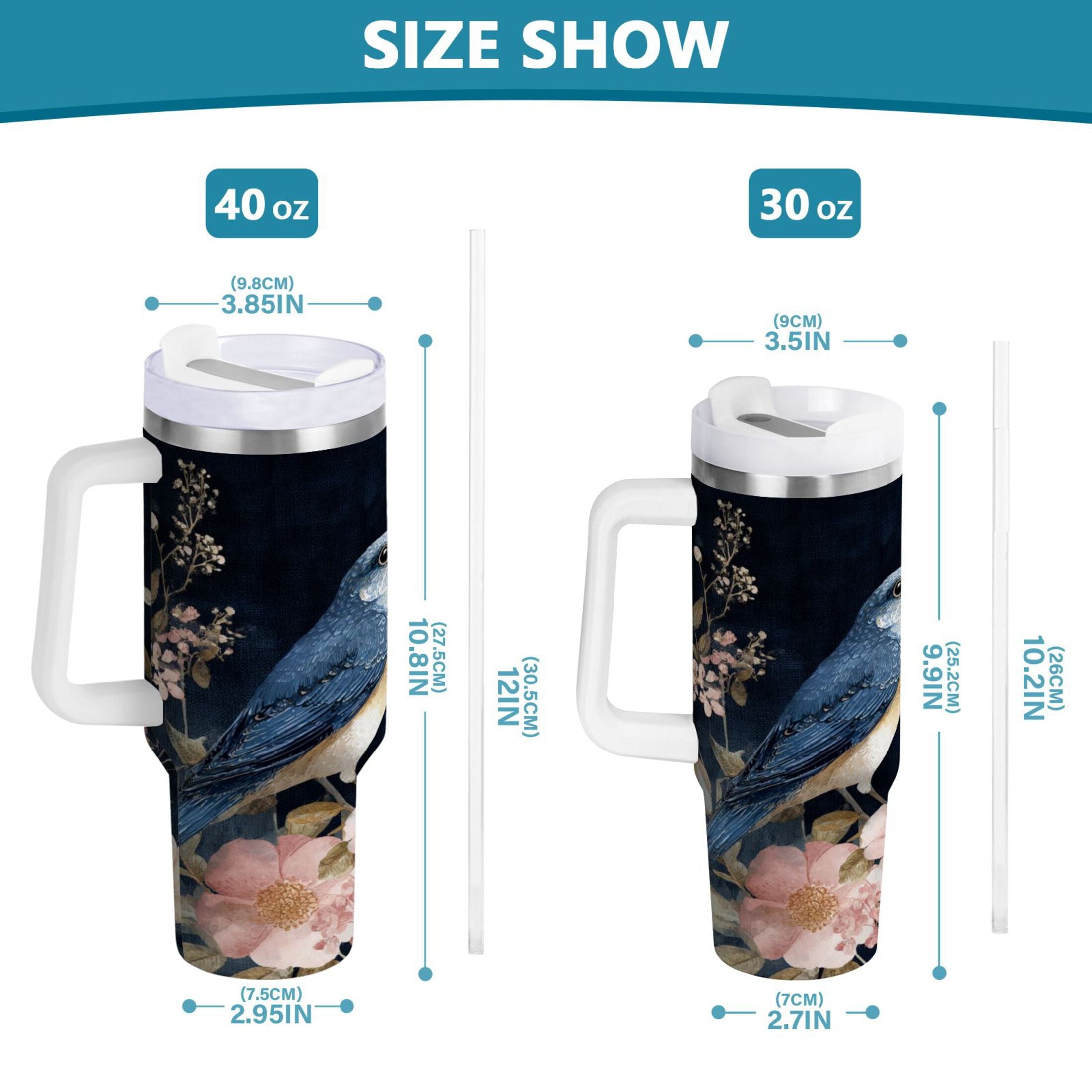 30 oz Insulated Stainless Steel Tumbler Double Wall Stainless Steel Tumbler with 2-Way Drinking Watercolor Vintage Blue Bird C466V
