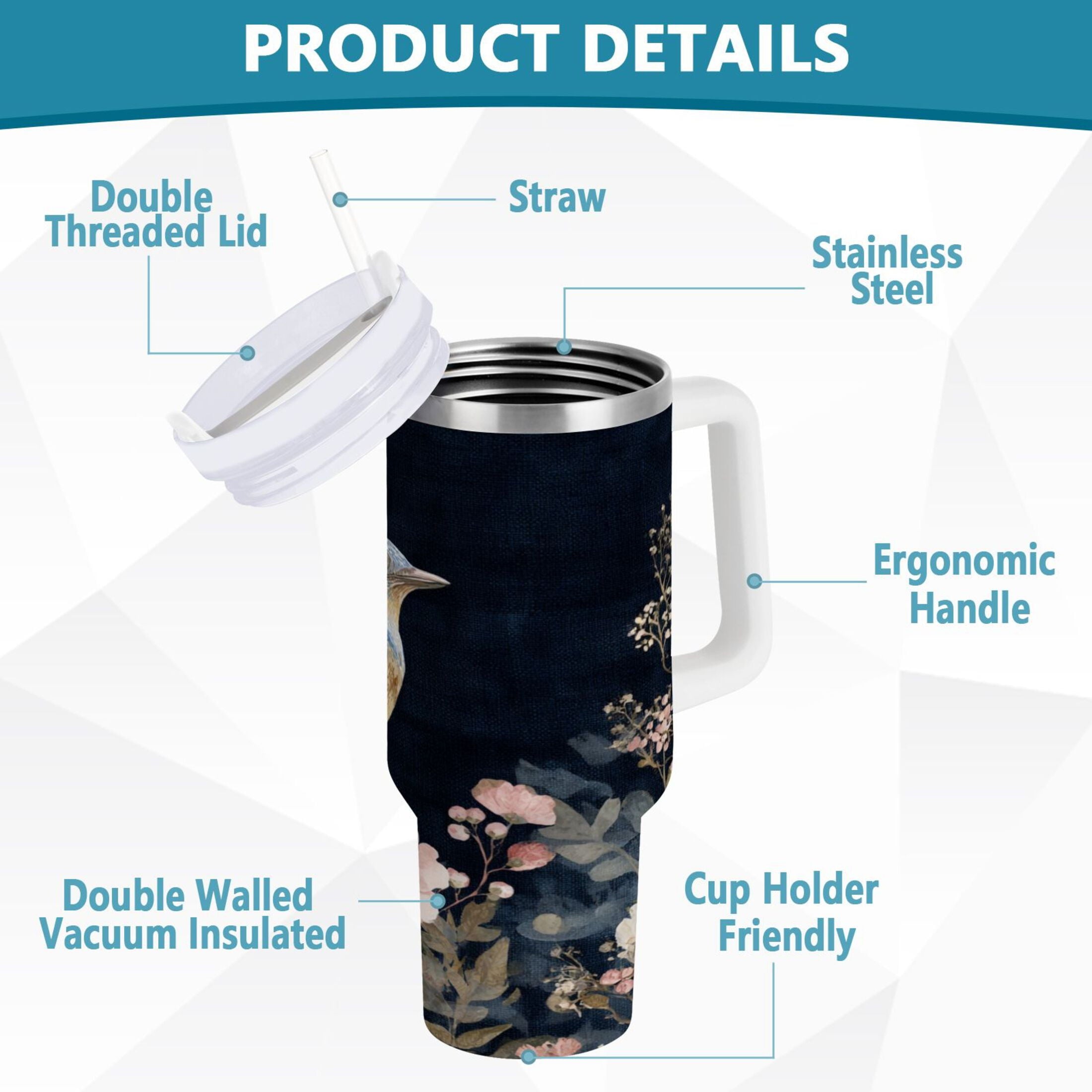 30 oz Insulated Stainless Steel Tumbler Double Wall Stainless Steel Tumbler with 2-Way Drinking Watercolor Vintage Blue Bird C466V