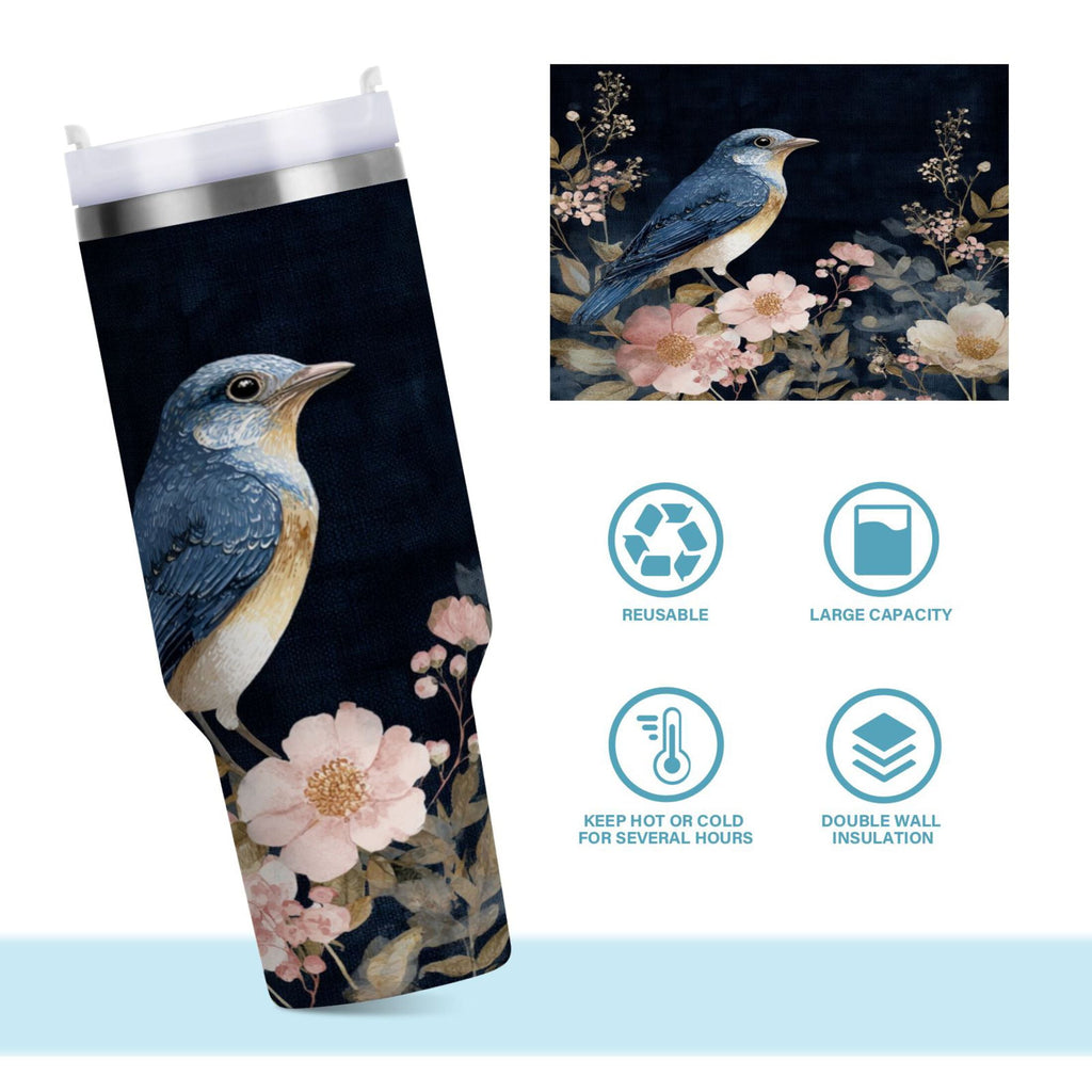 30 oz Insulated Stainless Steel Tumbler Double Wall Stainless Steel Tumbler with 2-Way Drinking Watercolor Vintage Blue Bird C466V
