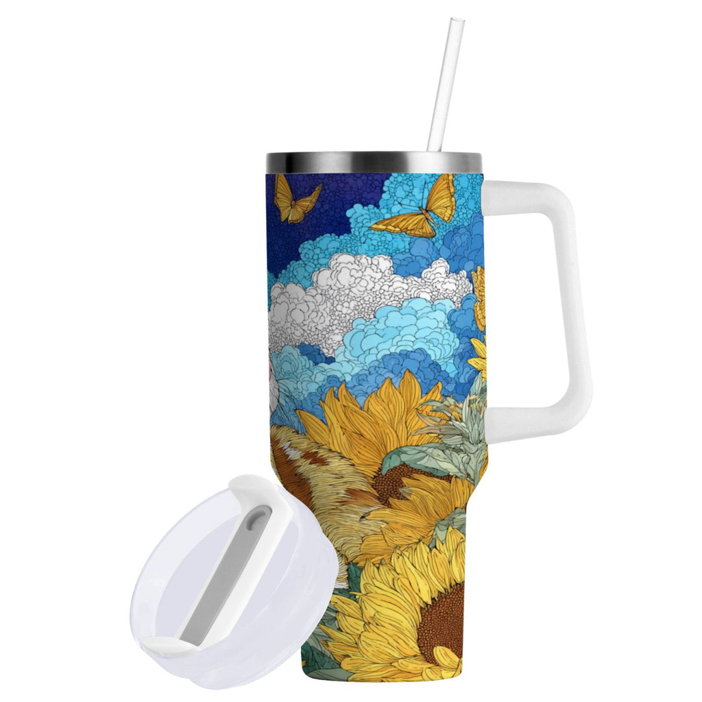 40 oz Insulated Stainless Steel Tumbler Double Wall Stainless Steel Tumbler with 2-Way Drinking Cat Lies in The Sunflowers C651A