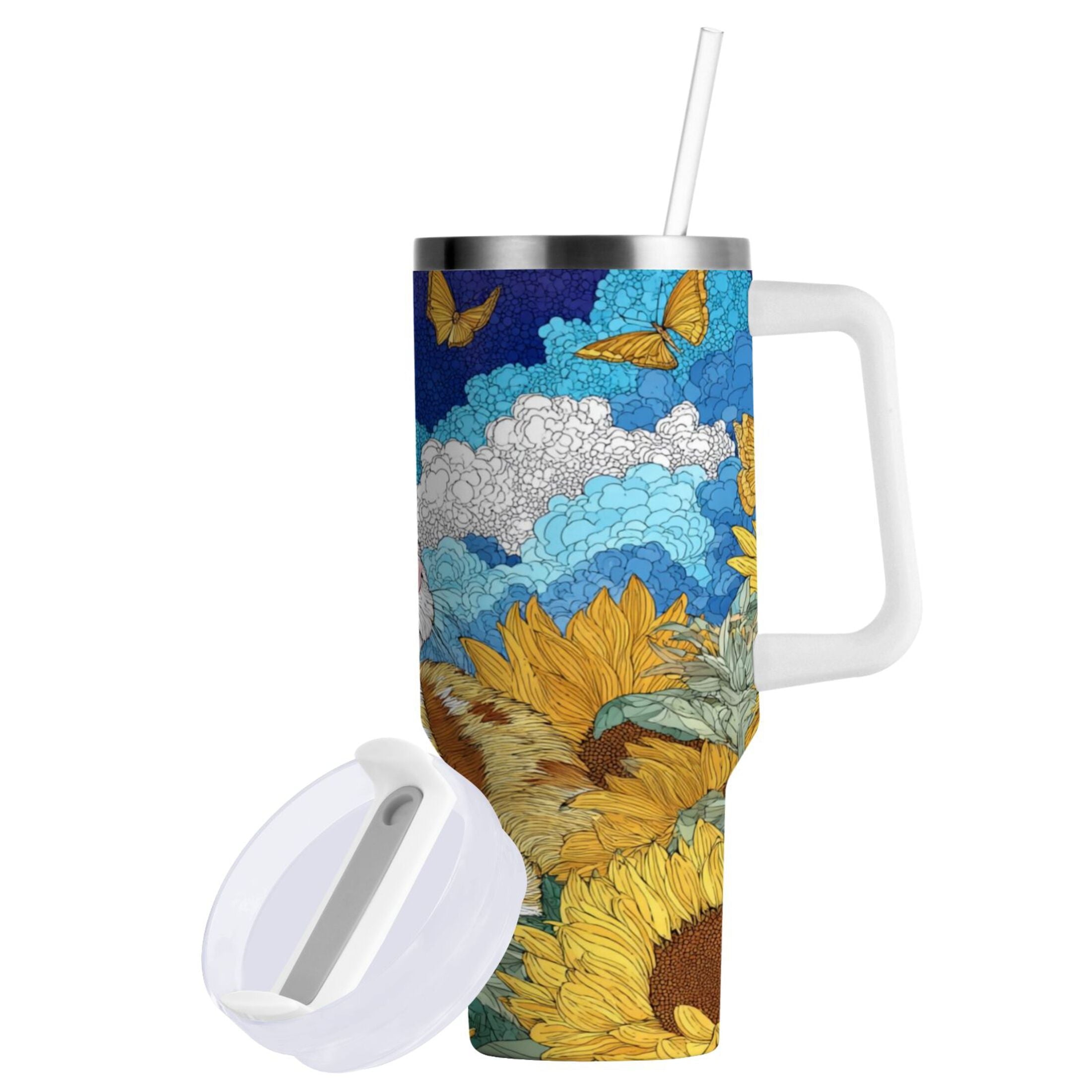 40 oz Insulated Stainless Steel Tumbler Double Wall Stainless Steel Tumbler with 2-Way Drinking Cat Lies in The Sunflowers C651A
