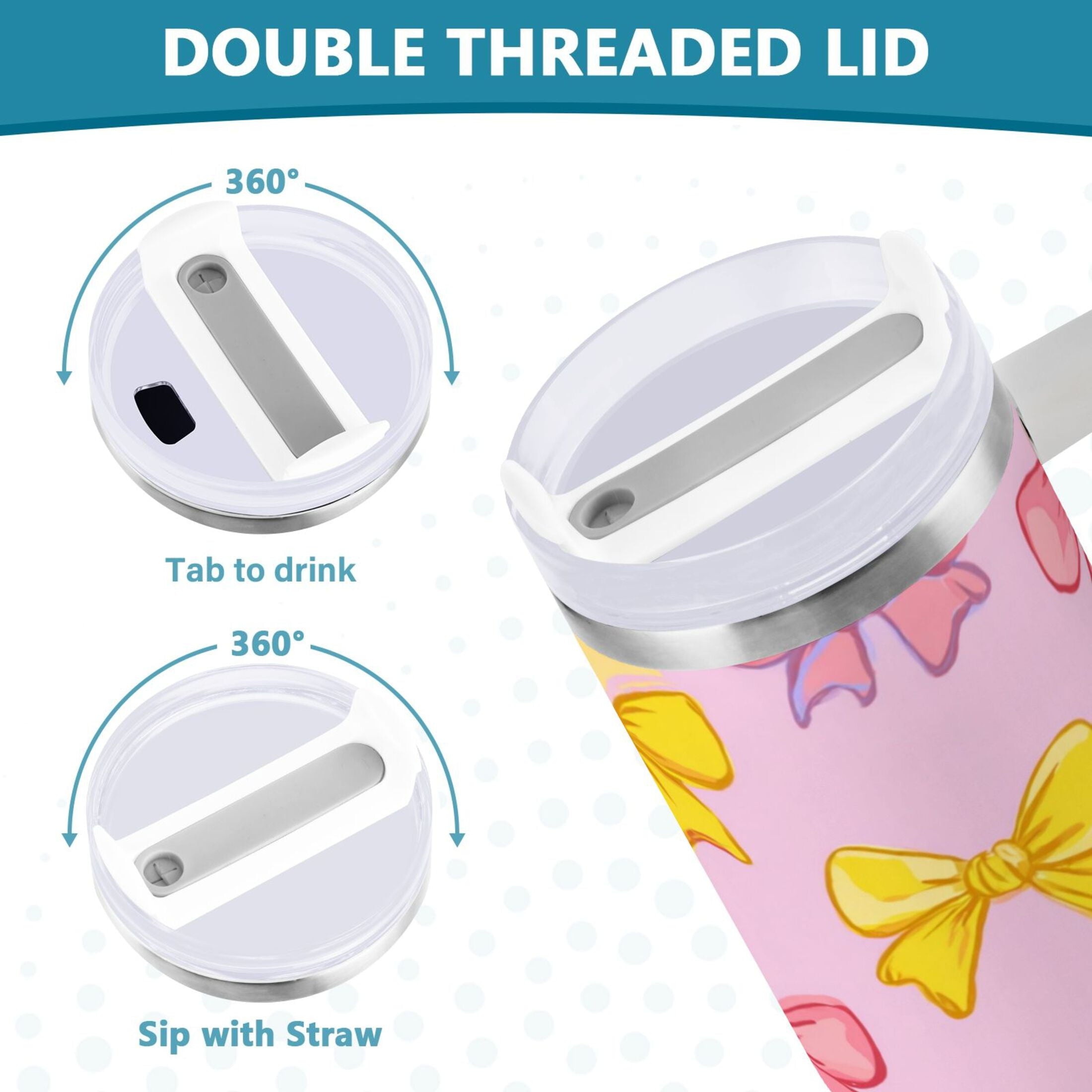30 oz Insulated Stainless Steel Tumbler Double Wall Stainless Steel Tumbler with 2-Way Drinking Yellow and Pink Bows C566W