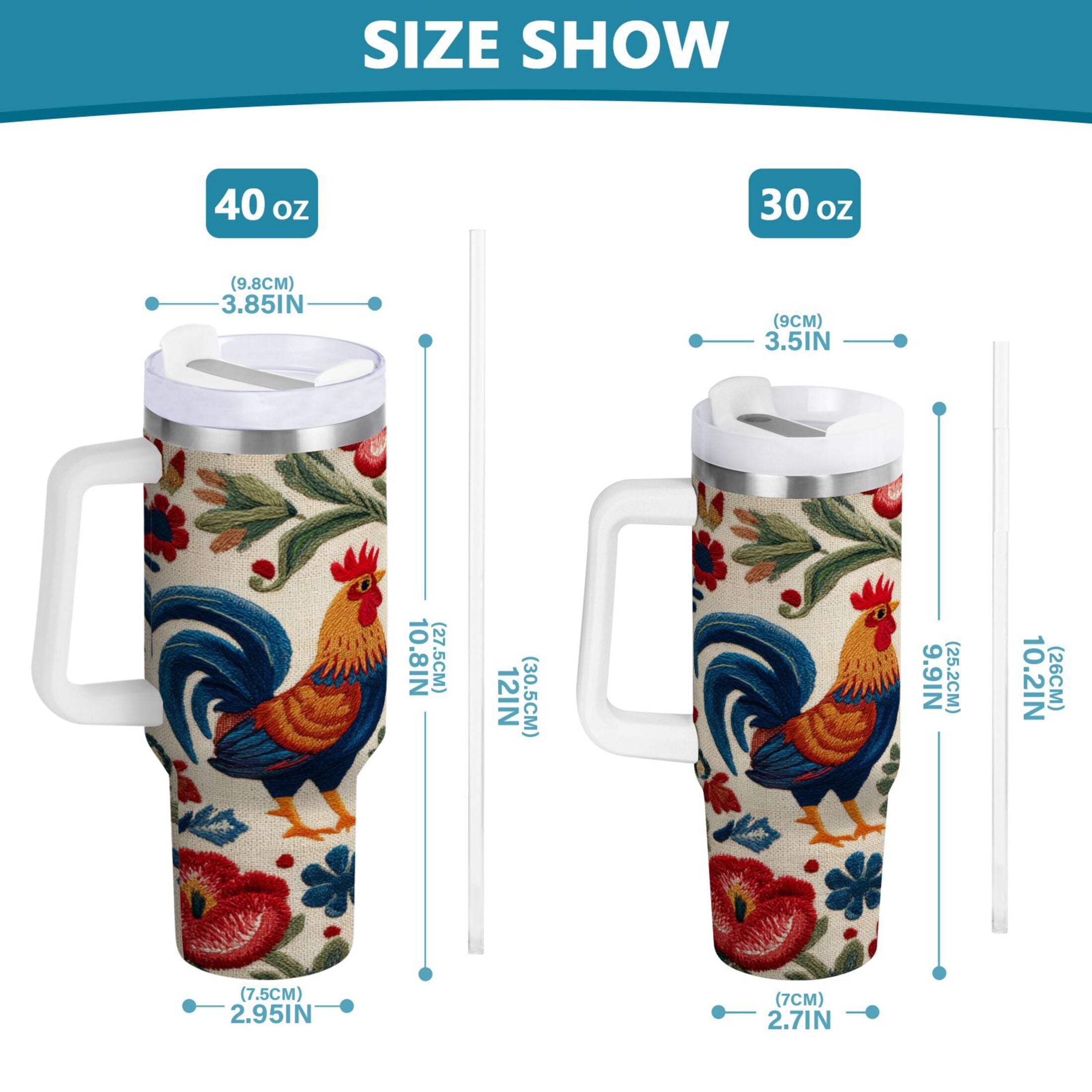 40 oz Insulated Stainless Steel Tumbler Double Wall Stainless Steel Tumbler with 2-Way Drinking Male and Female Chickens C440Z