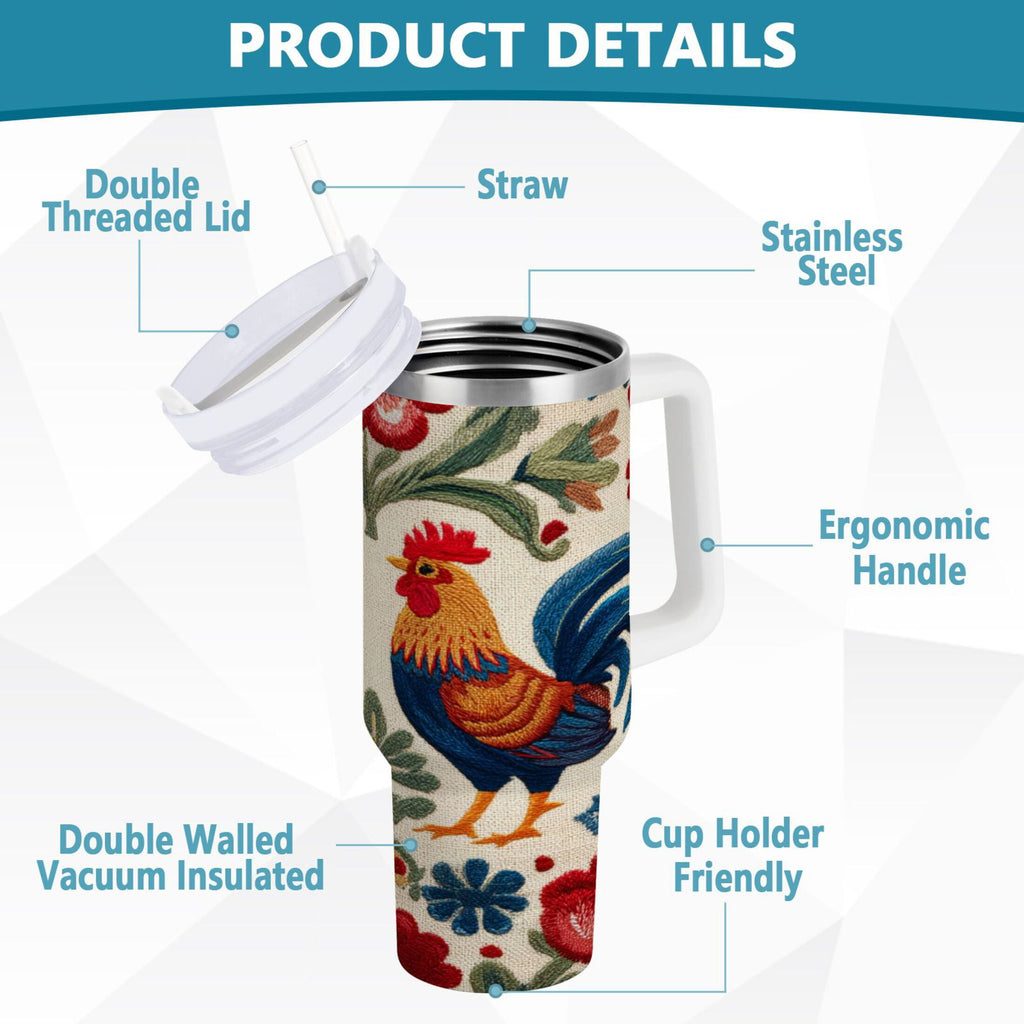 40 oz Insulated Stainless Steel Tumbler Double Wall Stainless Steel Tumbler with 2-Way Drinking Male and Female Chickens C440Z