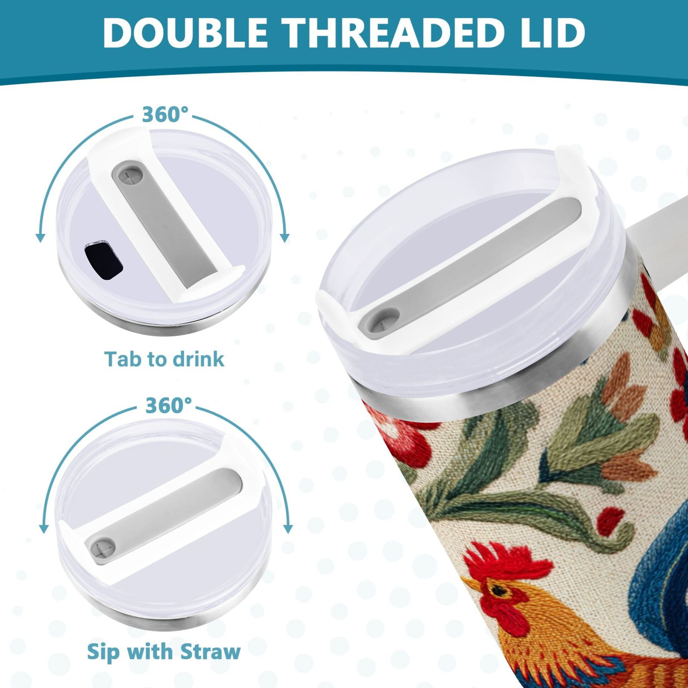 40 oz Insulated Stainless Steel Tumbler Double Wall Stainless Steel Tumbler with 2-Way Drinking Male and Female Chickens C440Z