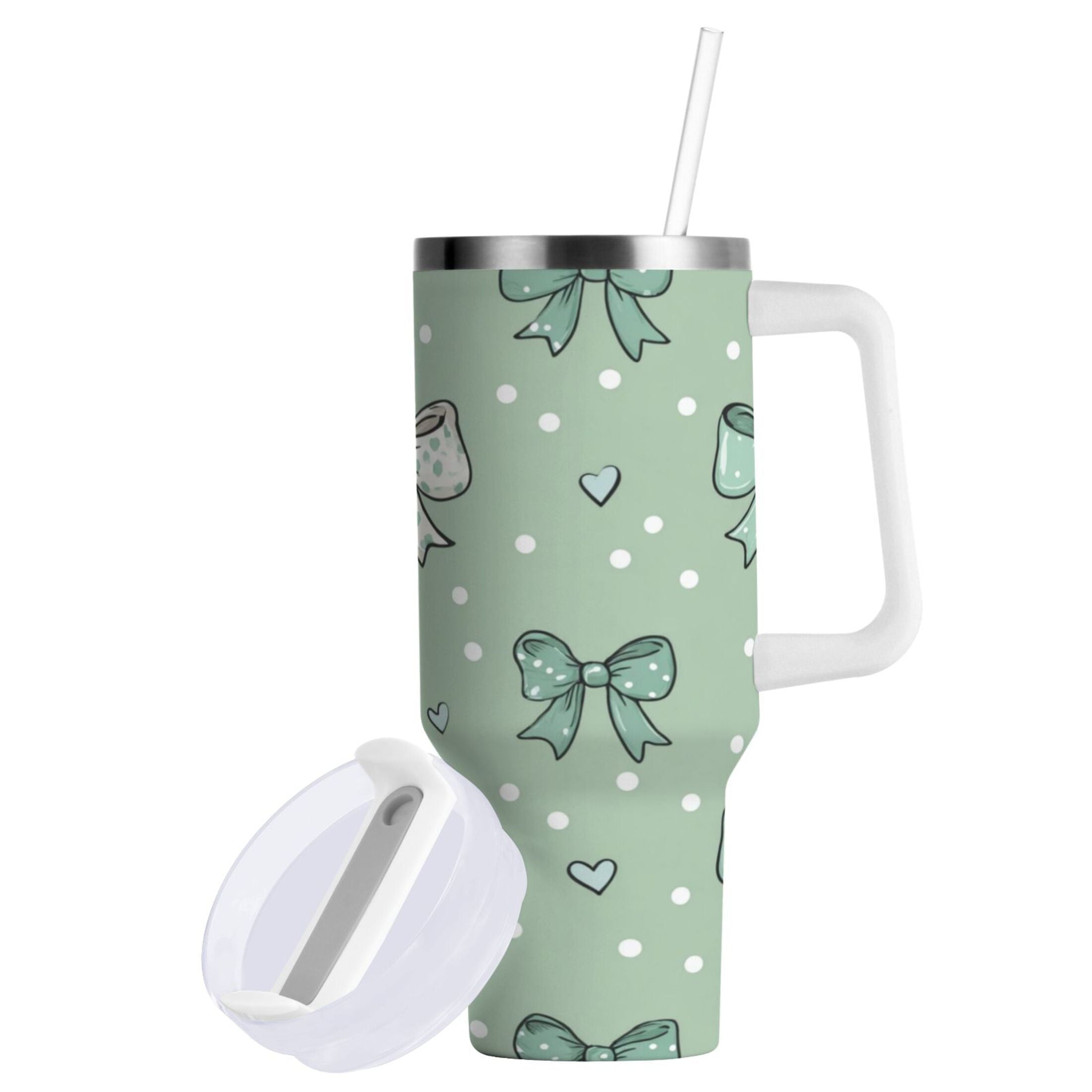 30 oz Insulated Stainless Steel Tumbler Double Wall Stainless Steel Tumbler with 2-Way Drinking Green and Mint Bows C559C
