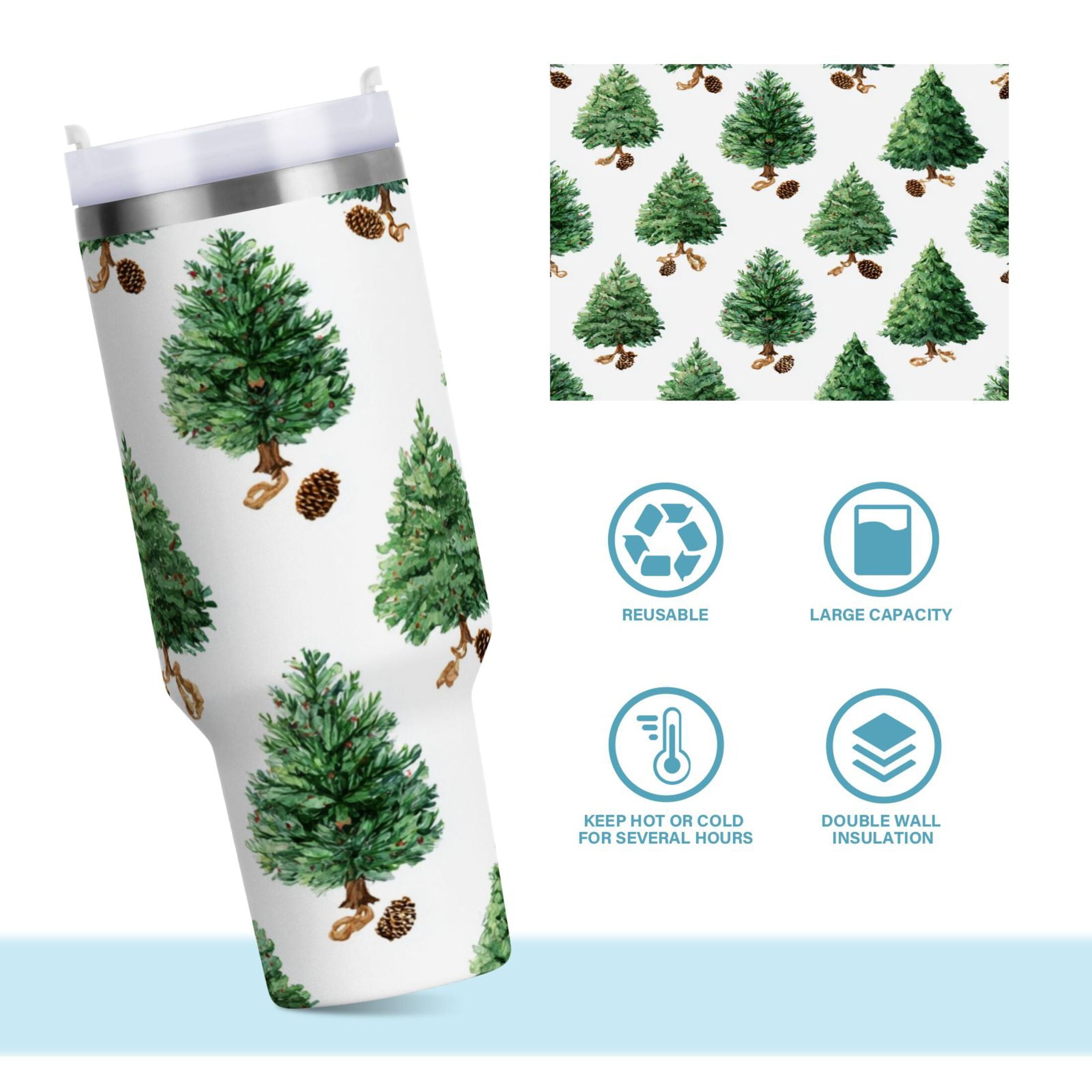 30 oz Insulated Stainless Steel Tumbler Double Wall Stainless Steel Tumbler with 2-Way Drinking Watercolor Green Christmas Tree C533G
