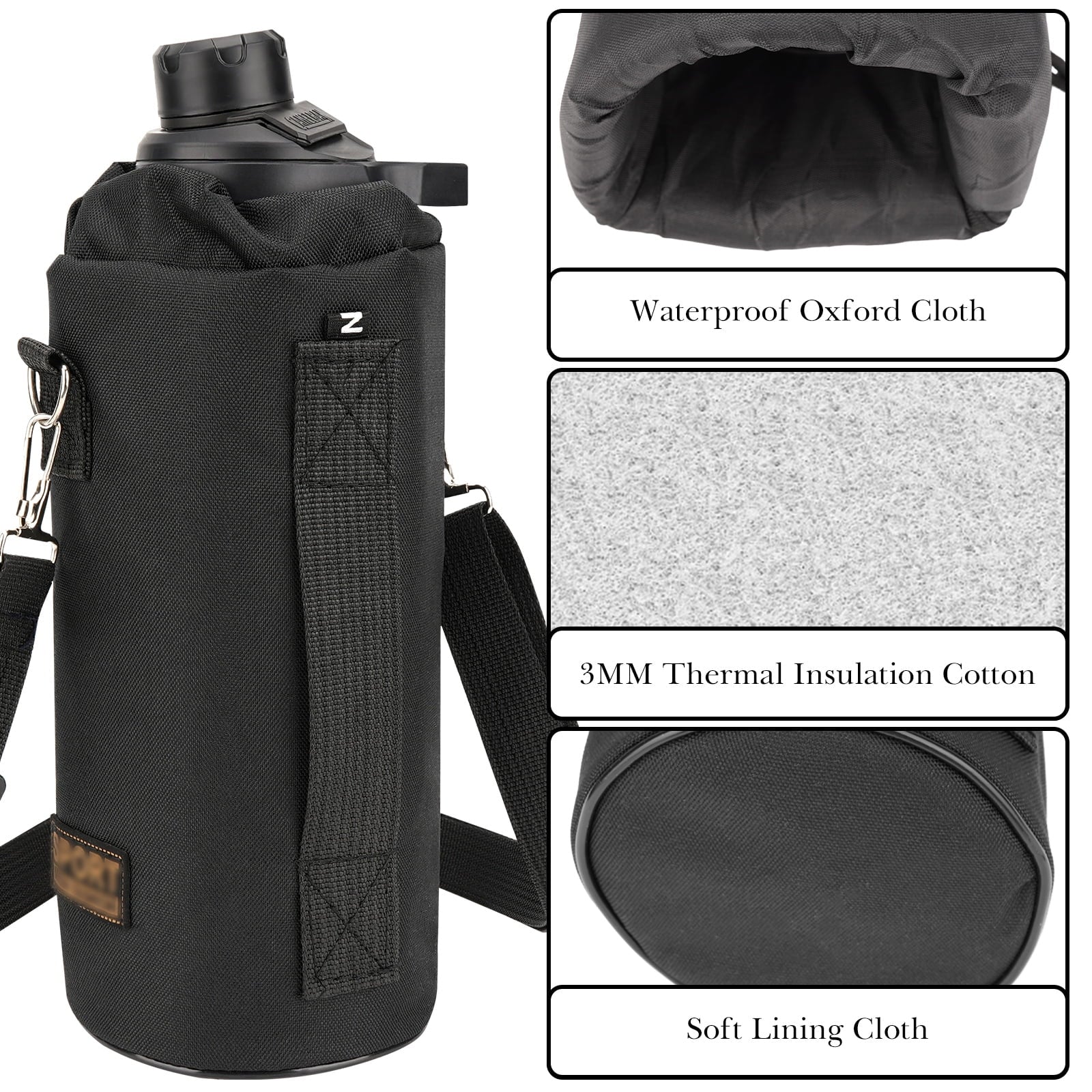 Linkidea Sports Water Bottle Carrier with Strap Compatible with Nalgene Sustain Tritan 48oz, CamelBak Chute Mag 50oz, Thick Waterbottle Cooler Bag Holder Shoulder Strap, Black C216G