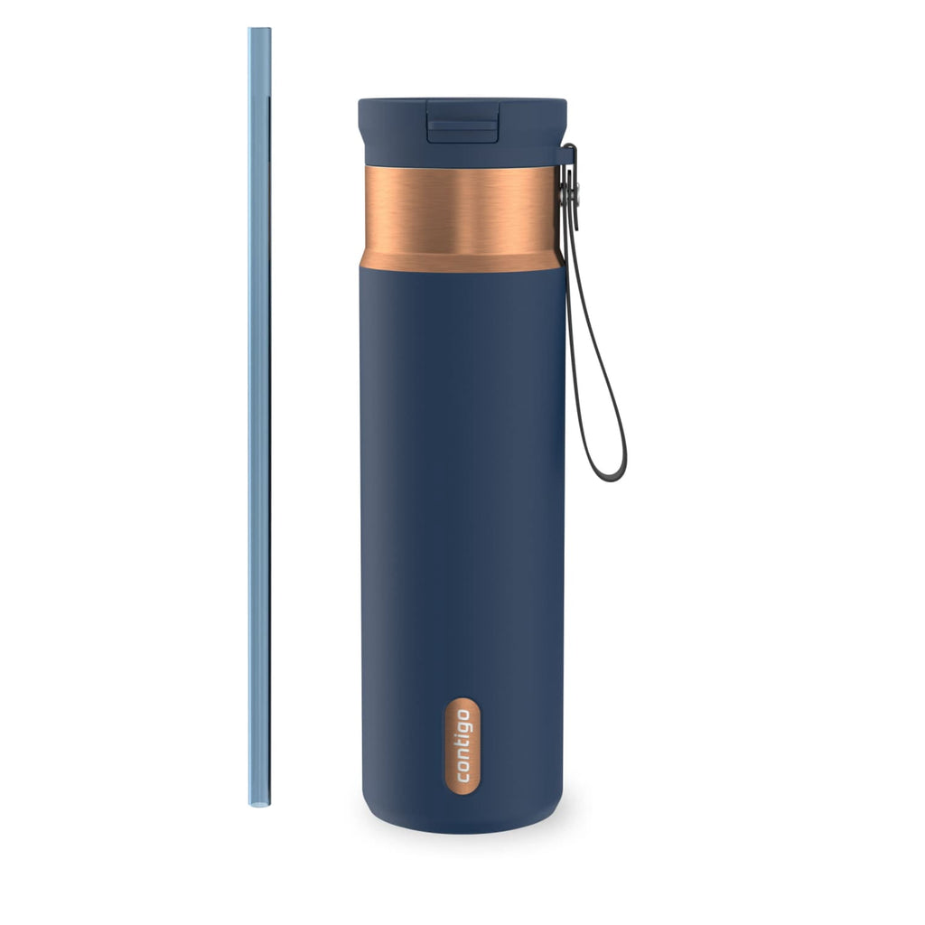 Contigo SnapSeal Leakproof Stainless Steel Reusable Water Bottle with Carrying Strap, Dark Blue/Bronze, 24 oz C024M