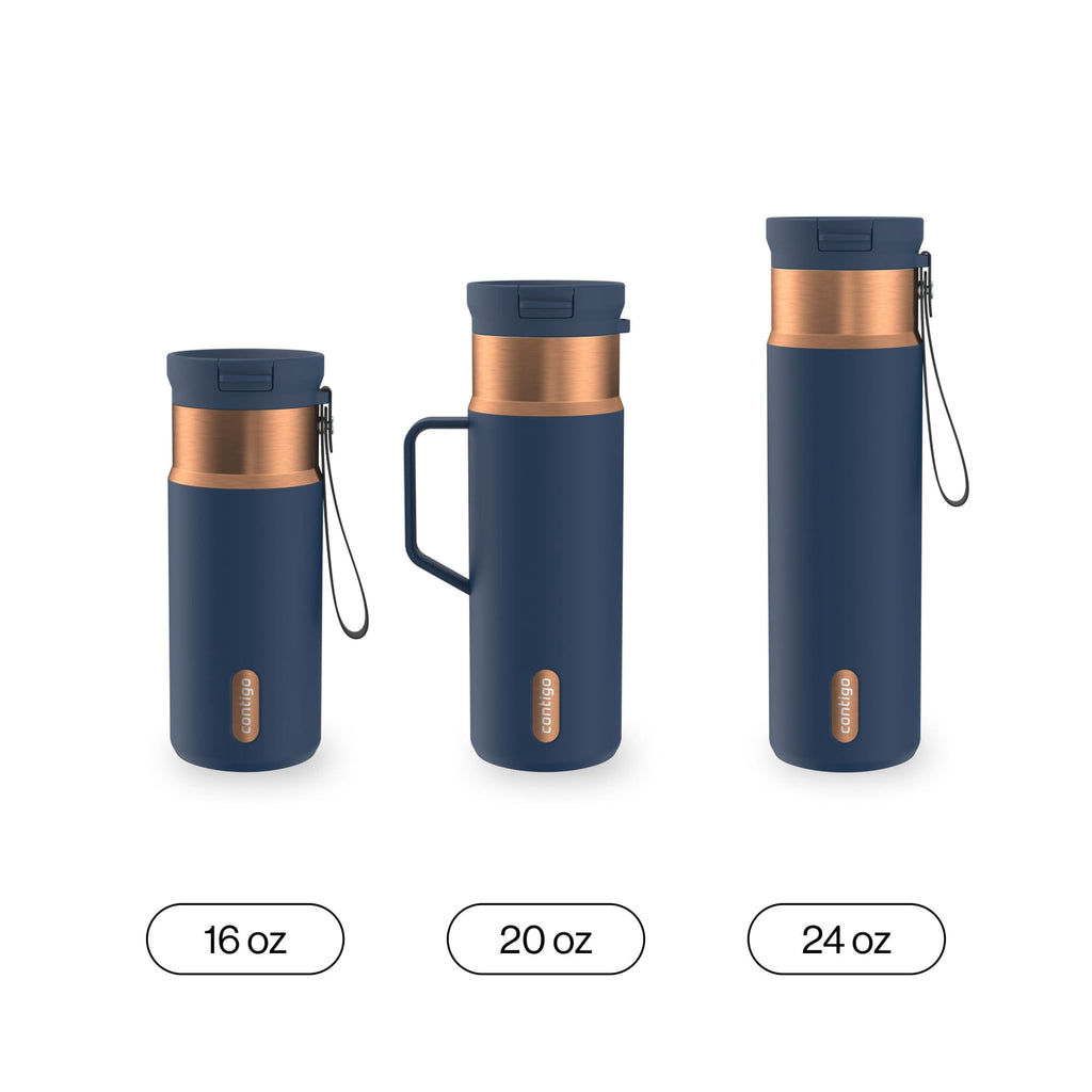 Contigo SnapSeal Leakproof Stainless Steel Reusable Water Bottle with Carrying Strap, Dark Blue/Bronze, 24 oz C024M