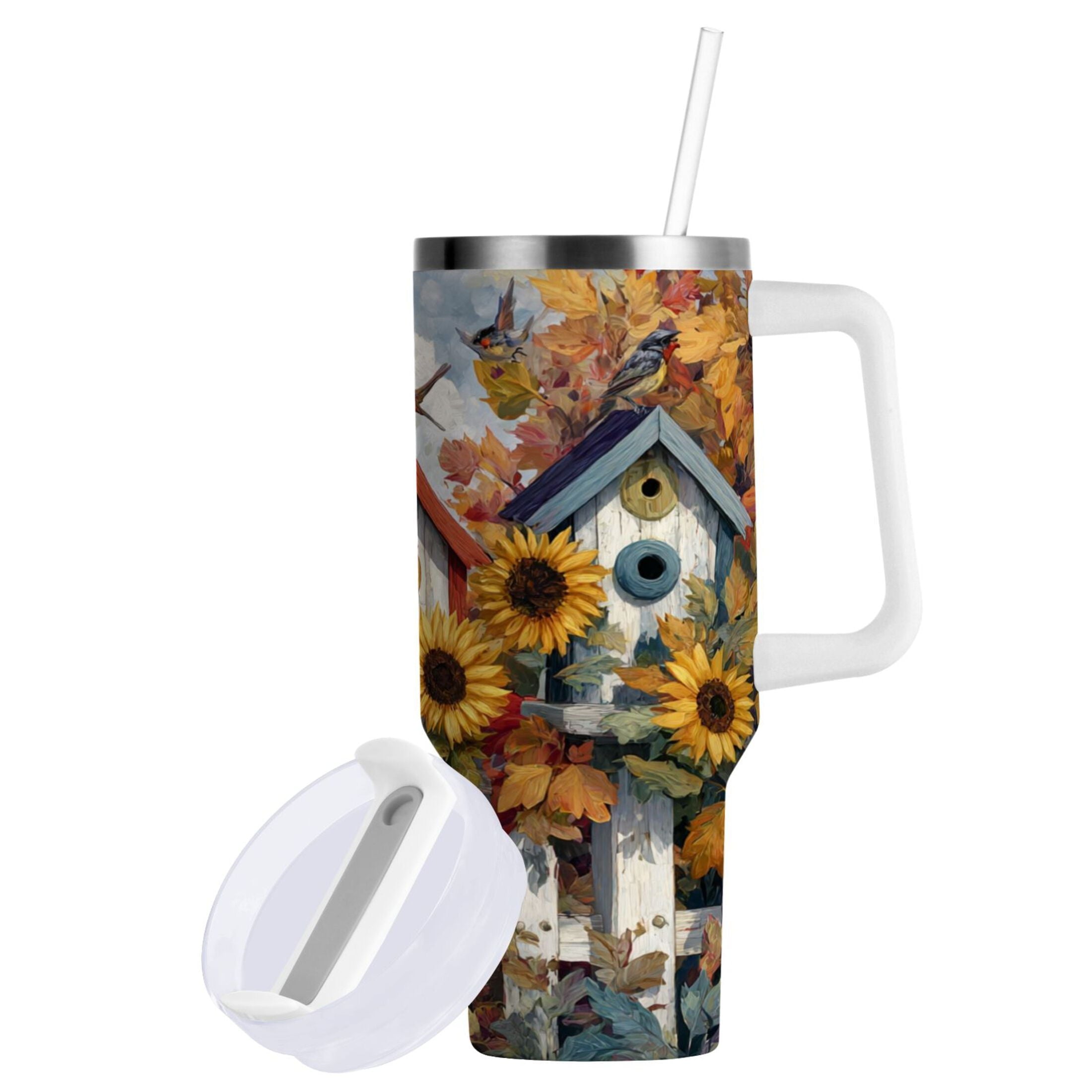 30 oz Insulated Stainless Steel Tumbler Double Wall Stainless Steel Tumbler with 2-Way Drinking Birdhouses with Sunflowers C474V