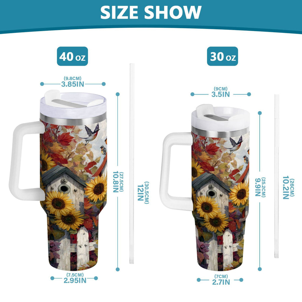 30 oz Insulated Stainless Steel Tumbler Double Wall Stainless Steel Tumbler with 2-Way Drinking Birdhouses with Sunflowers C474V