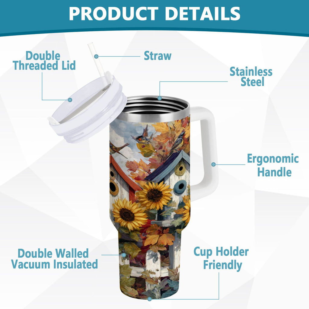 30 oz Insulated Stainless Steel Tumbler Double Wall Stainless Steel Tumbler with 2-Way Drinking Birdhouses with Sunflowers C474V