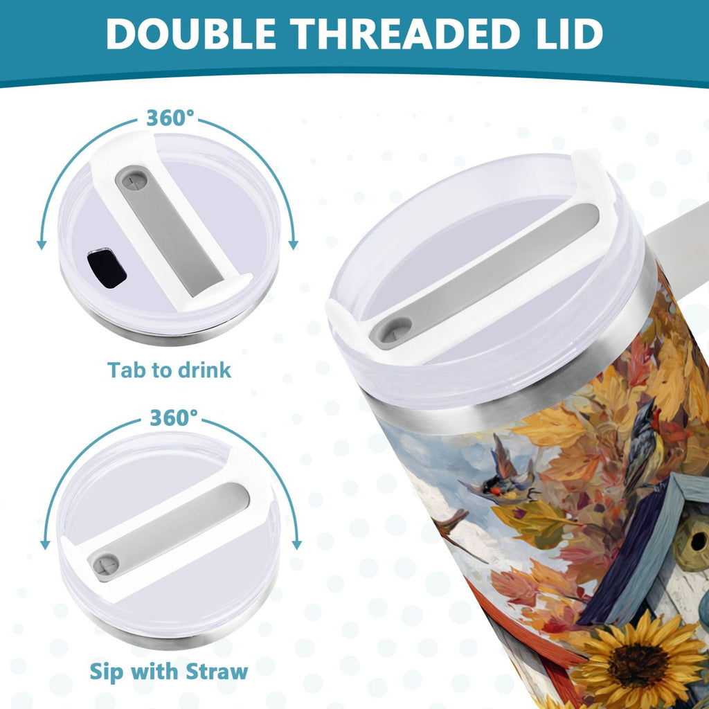 30 oz Insulated Stainless Steel Tumbler Double Wall Stainless Steel Tumbler with 2-Way Drinking Birdhouses with Sunflowers C474V