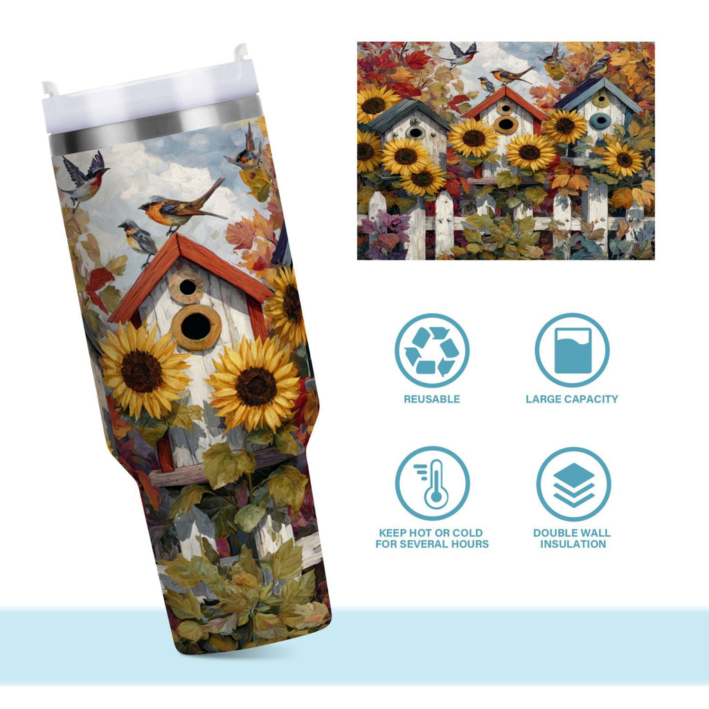30 oz Insulated Stainless Steel Tumbler Double Wall Stainless Steel Tumbler with 2-Way Drinking Birdhouses with Sunflowers C474V