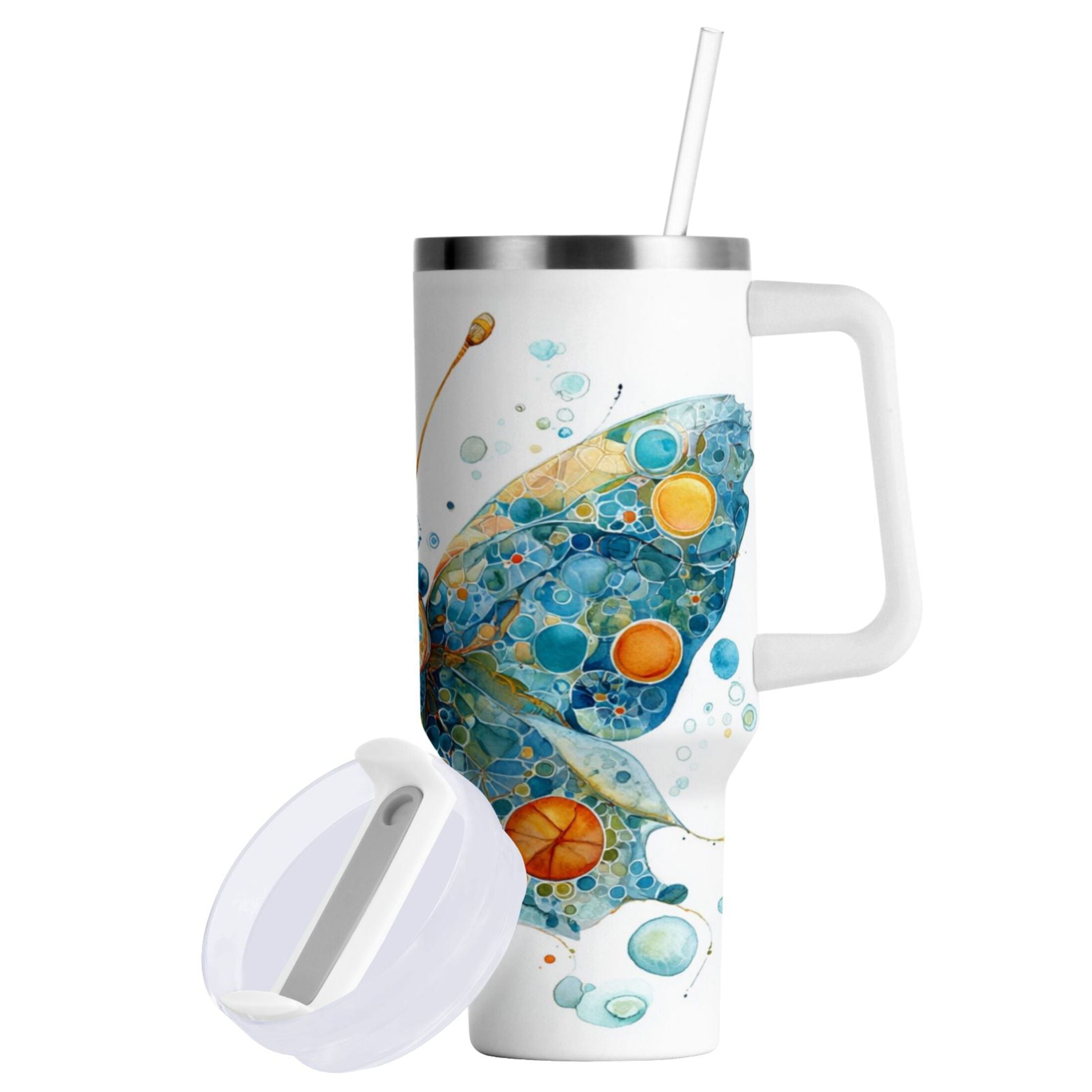 40 oz Insulated Stainless Steel Tumbler Double Wall Stainless Steel Tumbler with 2-Way Drinking Intricately Butterfly C484J