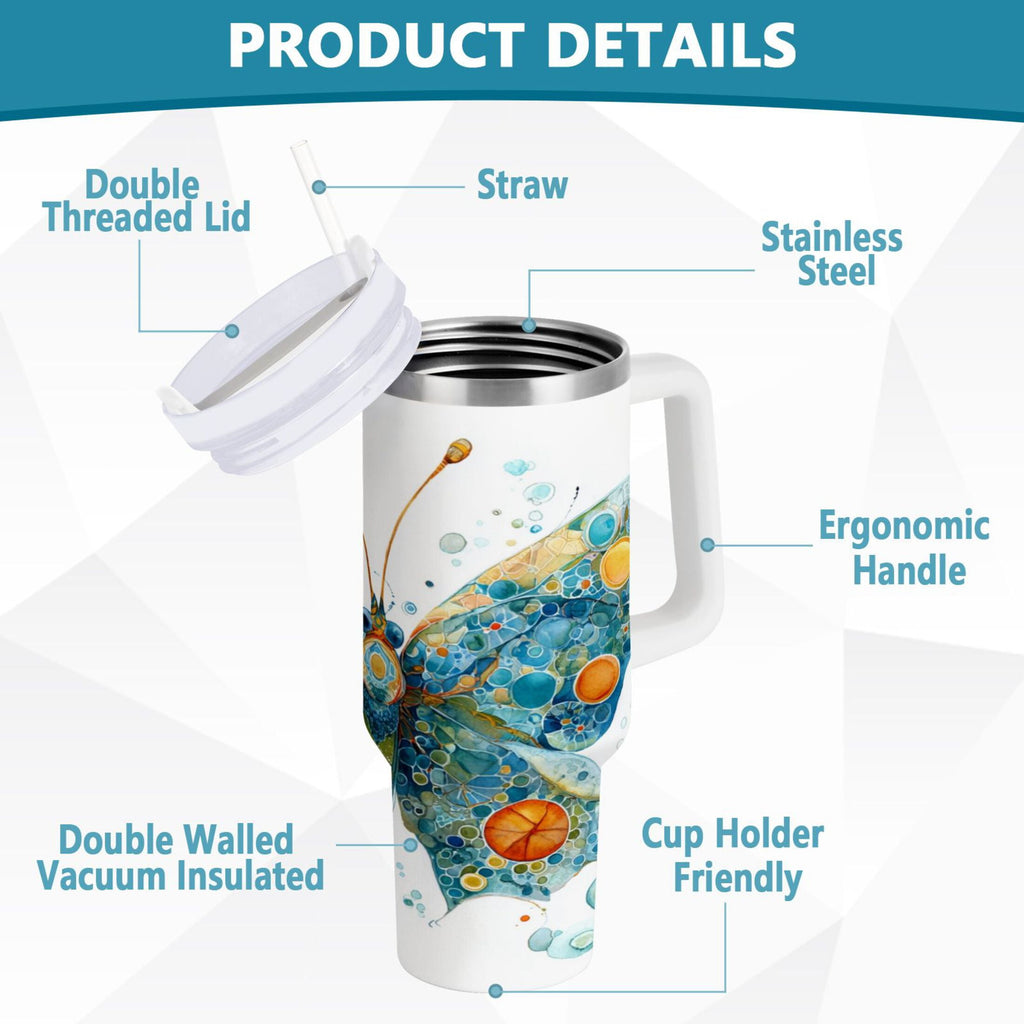 40 oz Insulated Stainless Steel Tumbler Double Wall Stainless Steel Tumbler with 2-Way Drinking Intricately Butterfly C484J