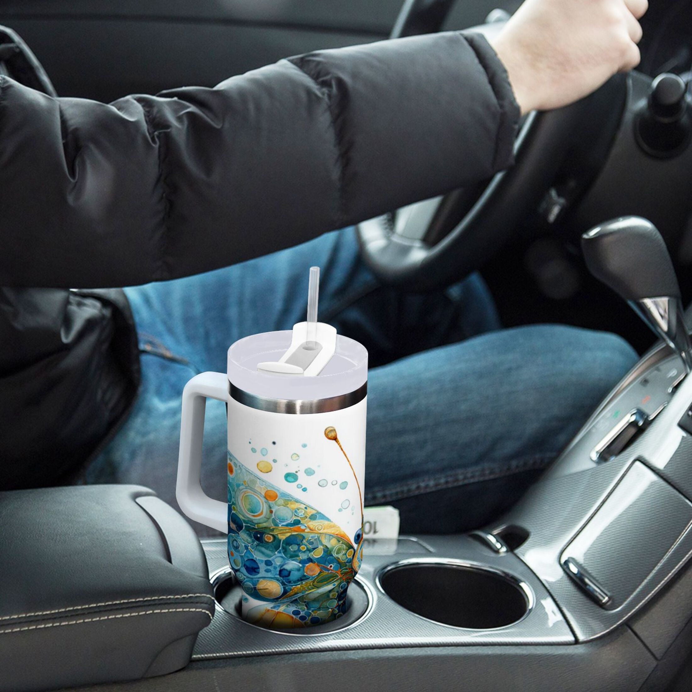 40 oz Insulated Stainless Steel Tumbler Double Wall Stainless Steel Tumbler with 2-Way Drinking Intricately Butterfly C484J