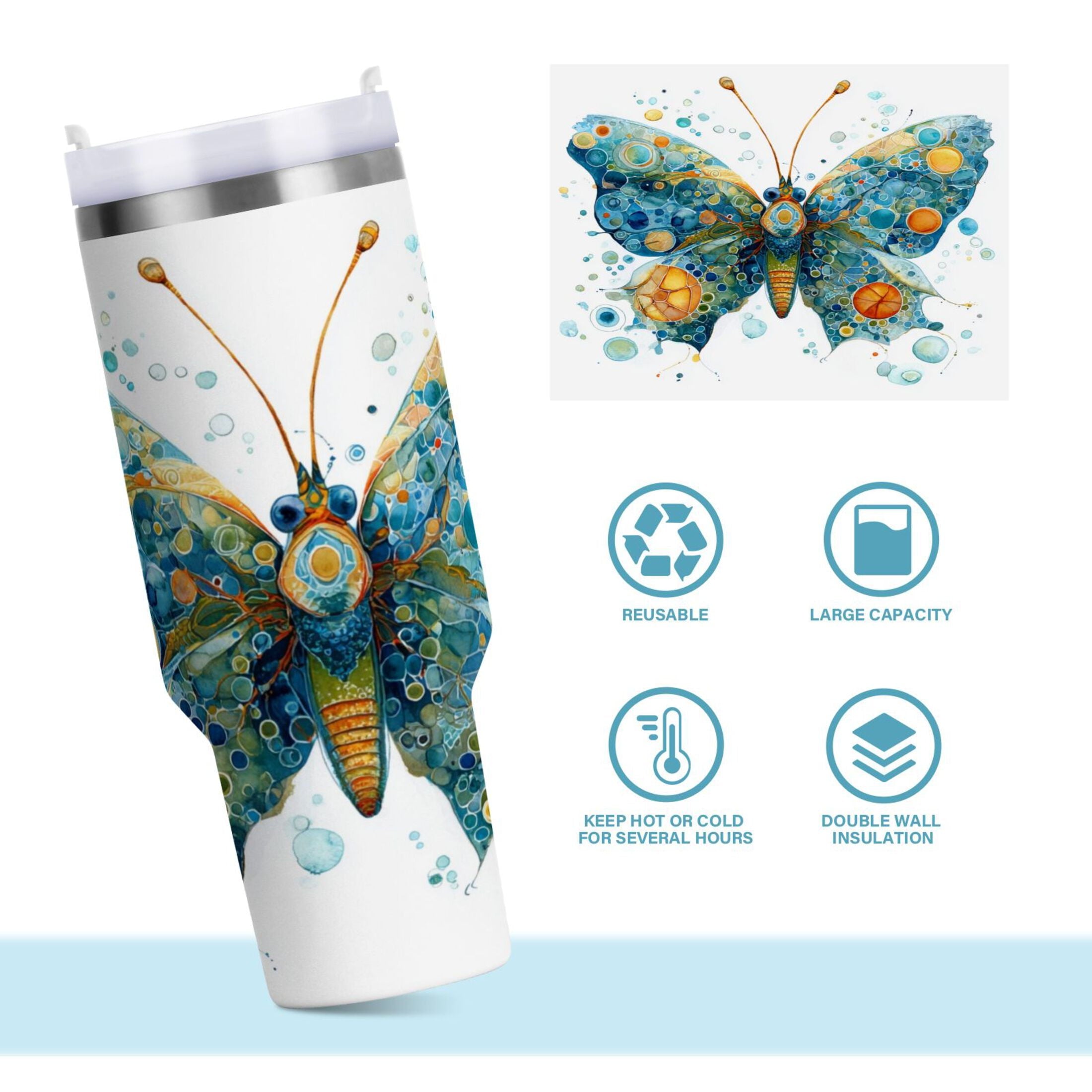 40 oz Insulated Stainless Steel Tumbler Double Wall Stainless Steel Tumbler with 2-Way Drinking Intricately Butterfly C484J