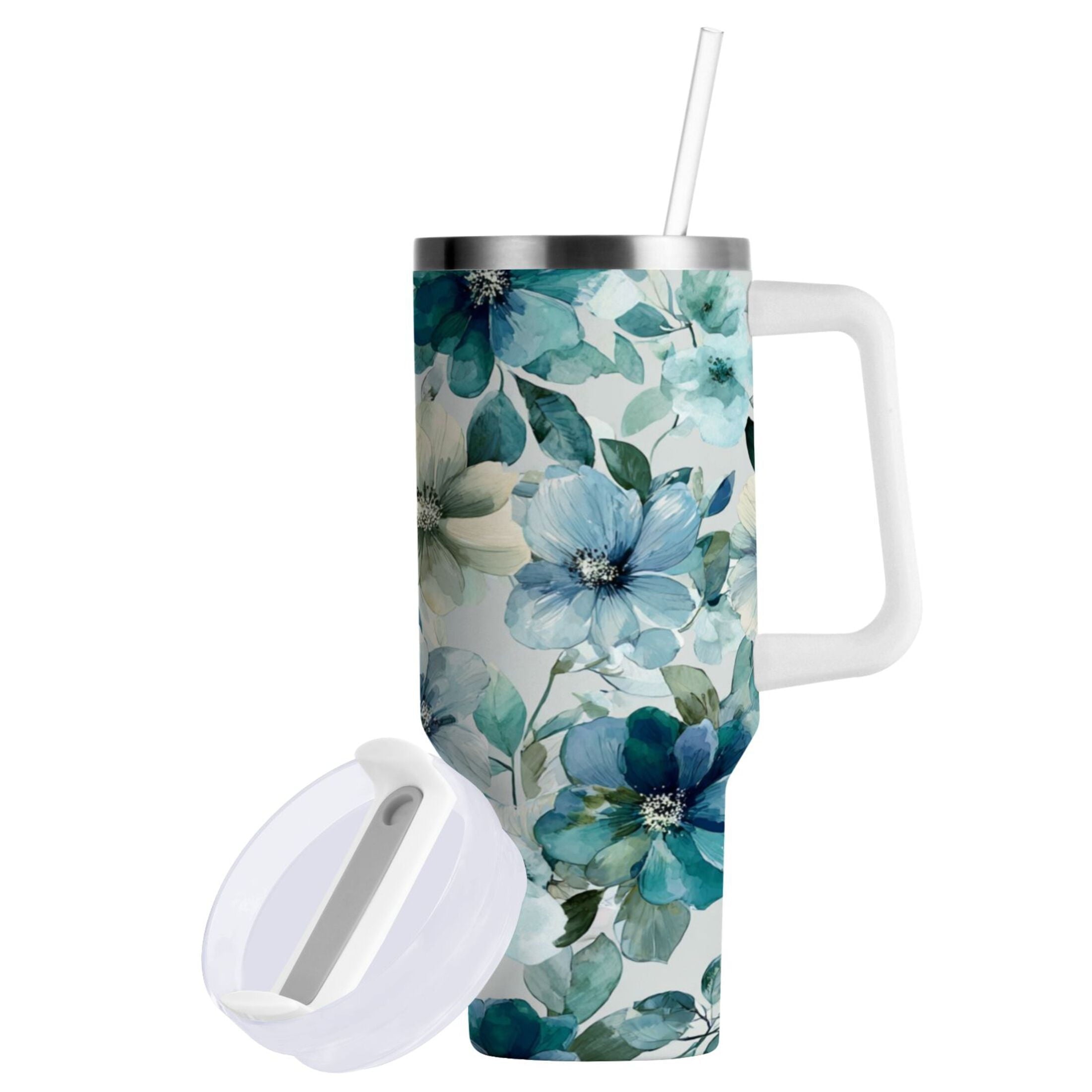 30 oz Insulated Stainless Steel Tumbler Double Wall Stainless Steel Tumbler with 2-Way Drinking Blue and Green Flowers C476V