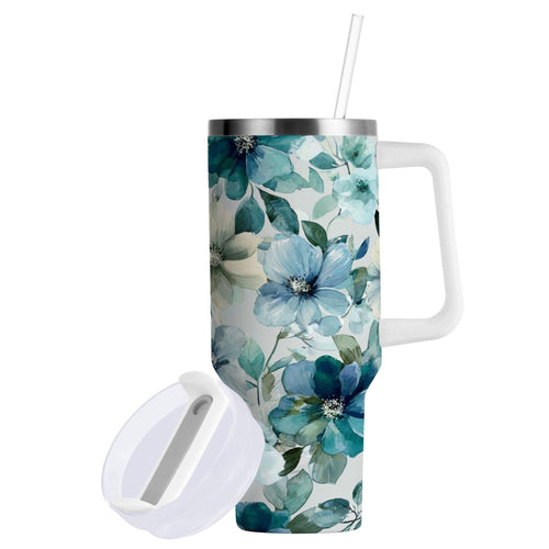 30 oz Insulated Stainless Steel Tumbler Double Wall Stainless Steel Tumbler with 2-Way Drinking Blue and Green Flowers C476V