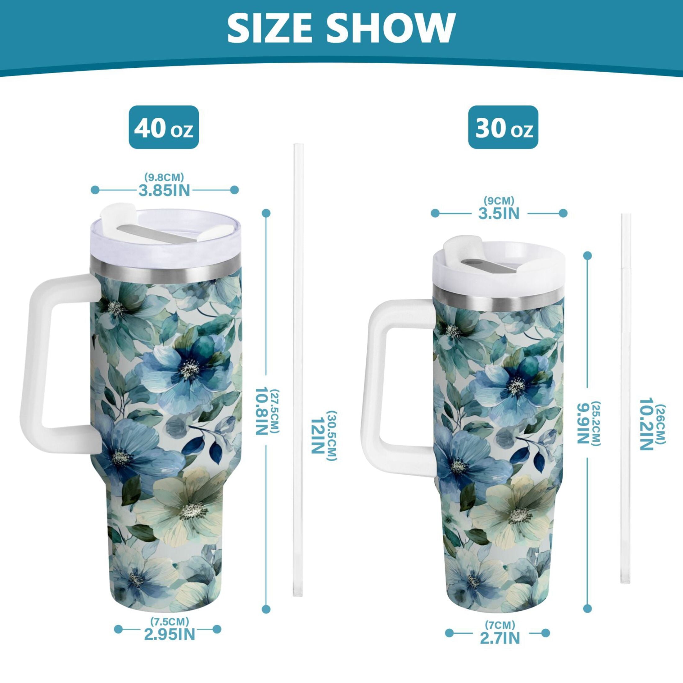 30 oz Insulated Stainless Steel Tumbler Double Wall Stainless Steel Tumbler with 2-Way Drinking Blue and Green Flowers C476V