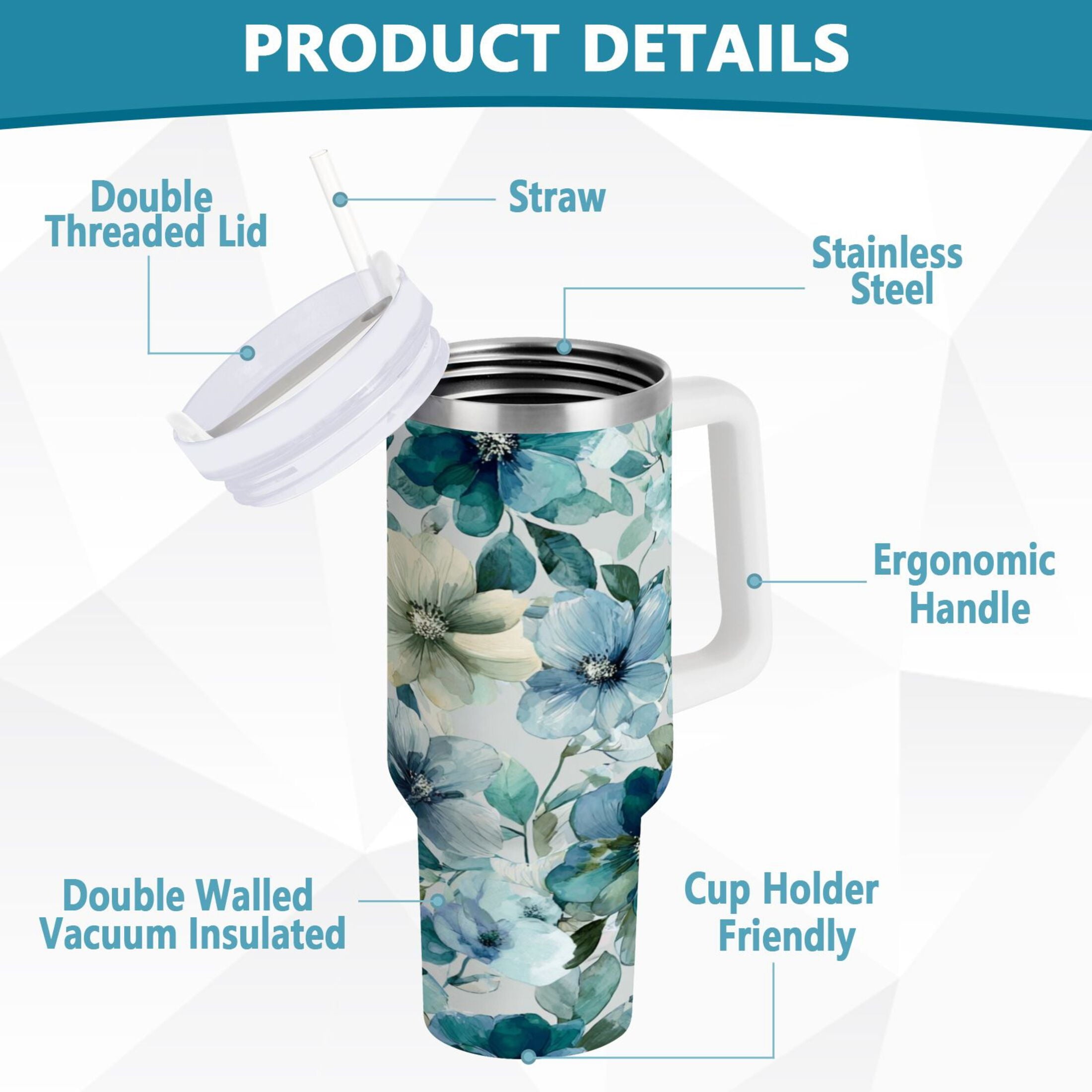 30 oz Insulated Stainless Steel Tumbler Double Wall Stainless Steel Tumbler with 2-Way Drinking Blue and Green Flowers C476V