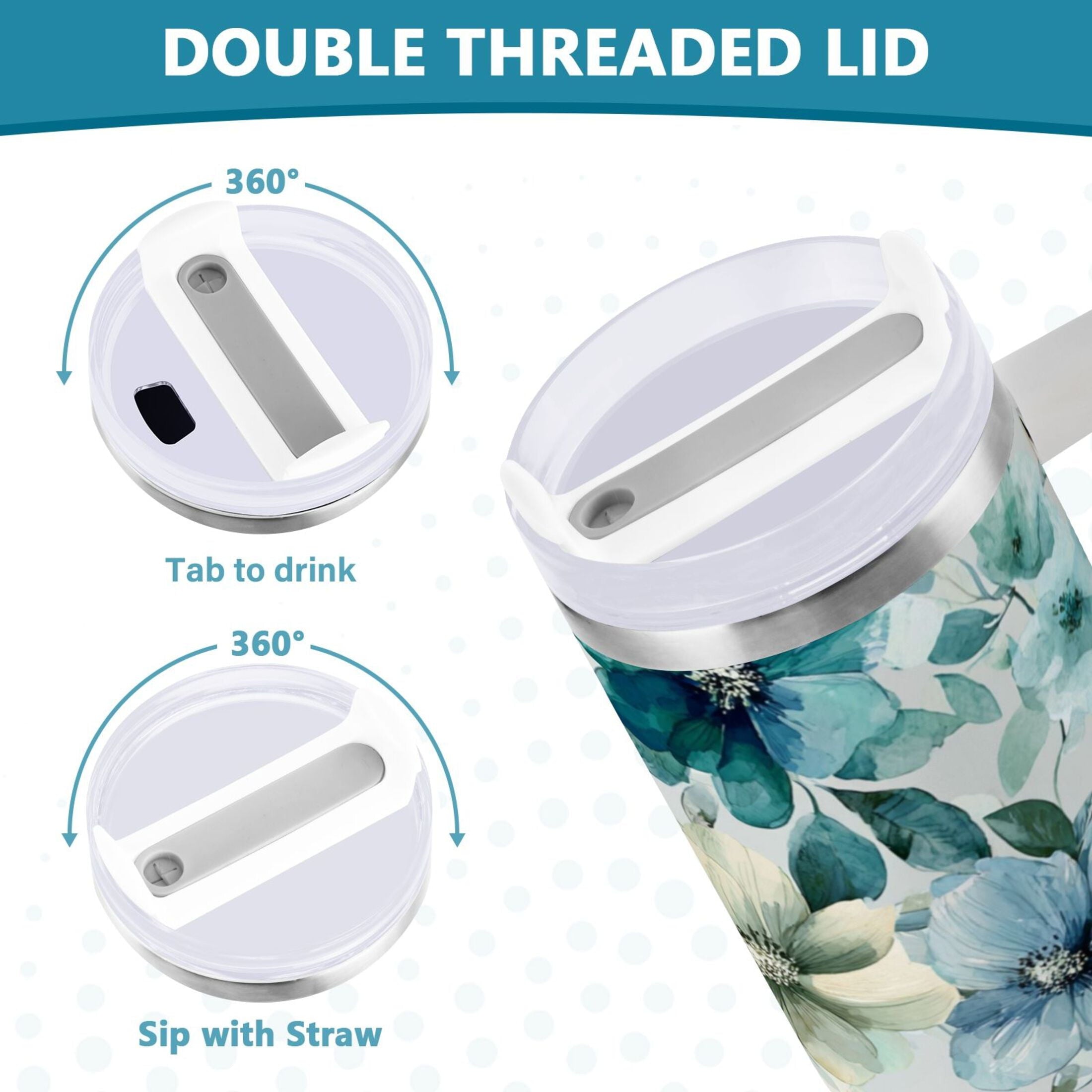 30 oz Insulated Stainless Steel Tumbler Double Wall Stainless Steel Tumbler with 2-Way Drinking Blue and Green Flowers C476V