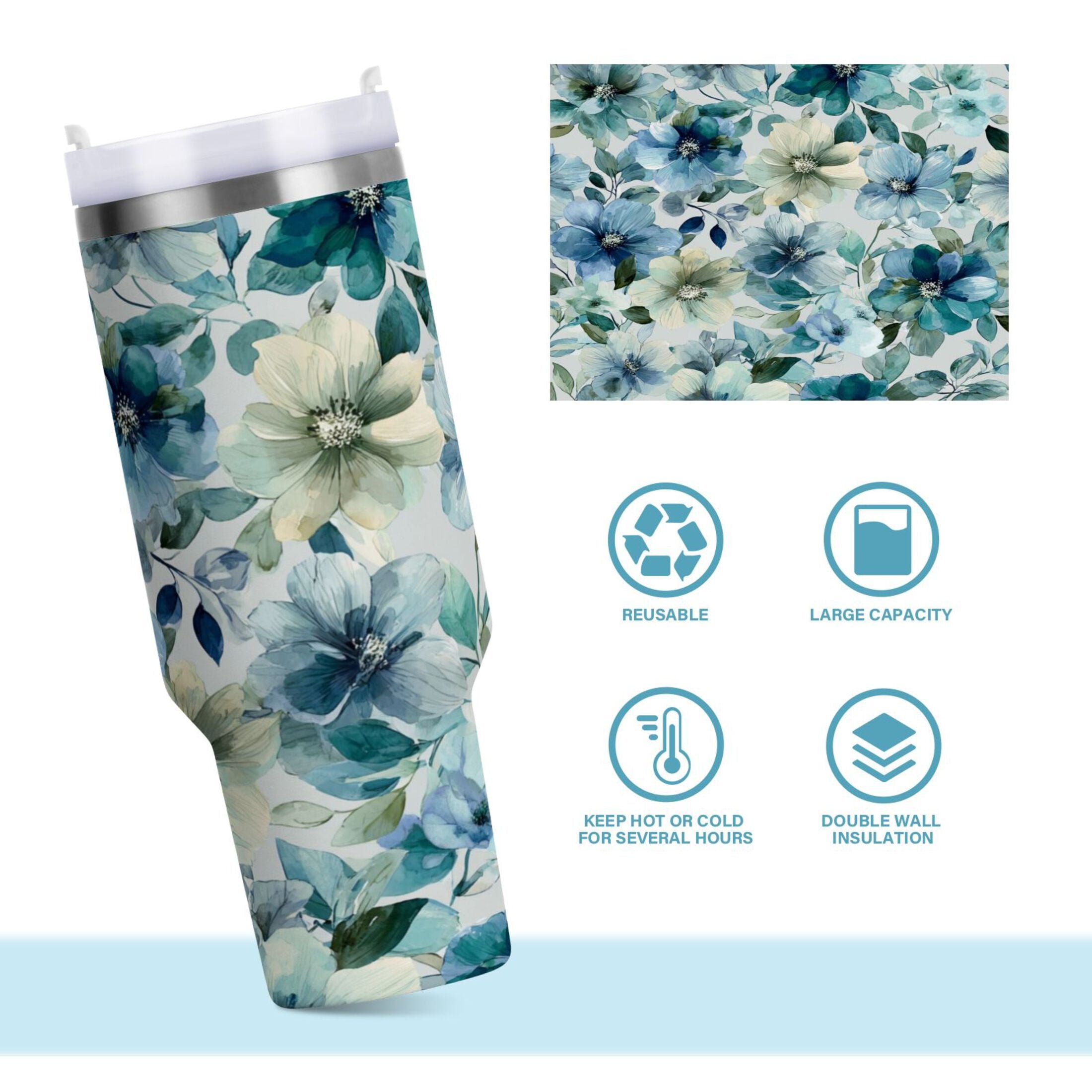 30 oz Insulated Stainless Steel Tumbler Double Wall Stainless Steel Tumbler with 2-Way Drinking Blue and Green Flowers C476V