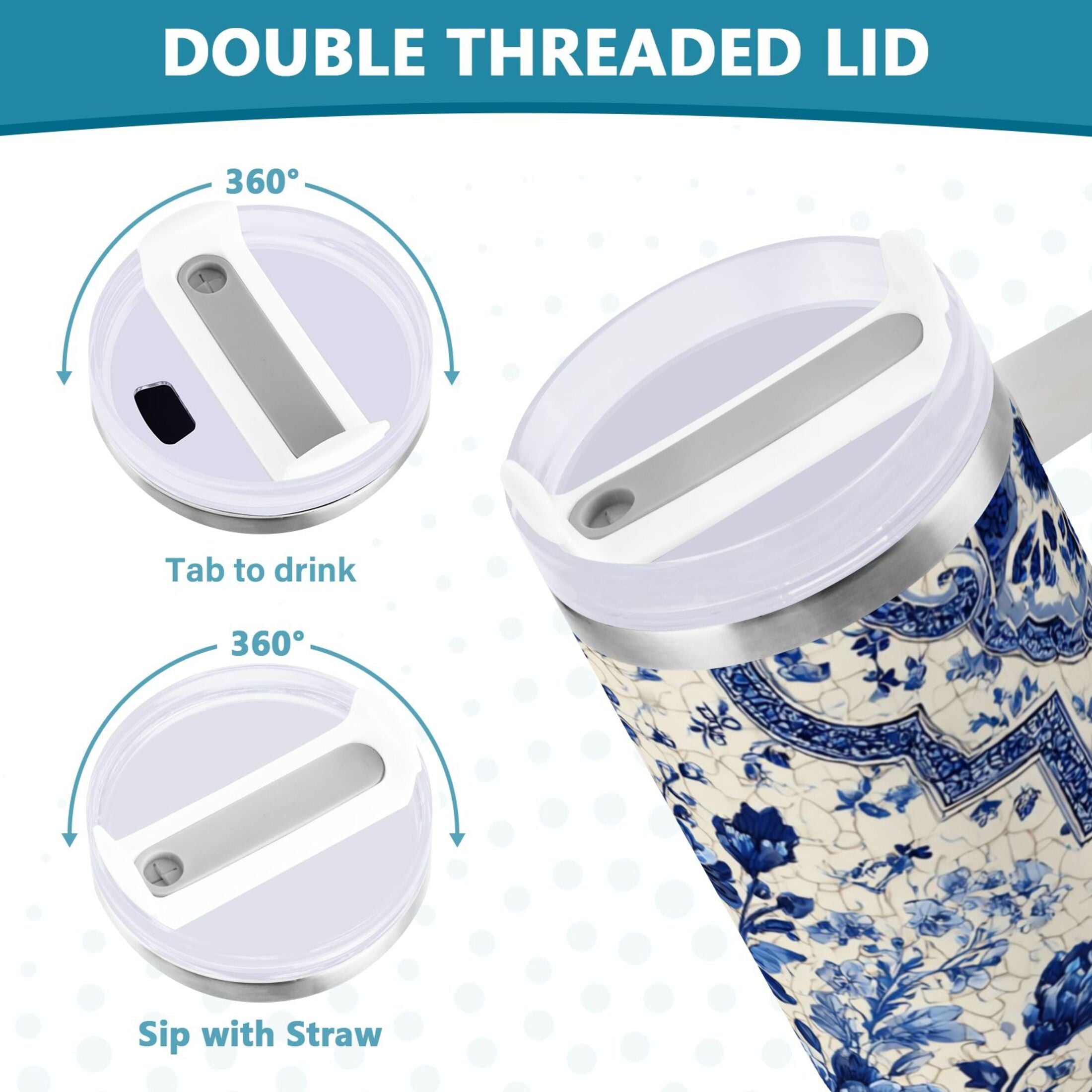 30 oz Insulated Stainless Steel Tumbler Double Wall Stainless Steel Tumbler with 2-Way Drinking Blue and White Porcelain-style C576R
