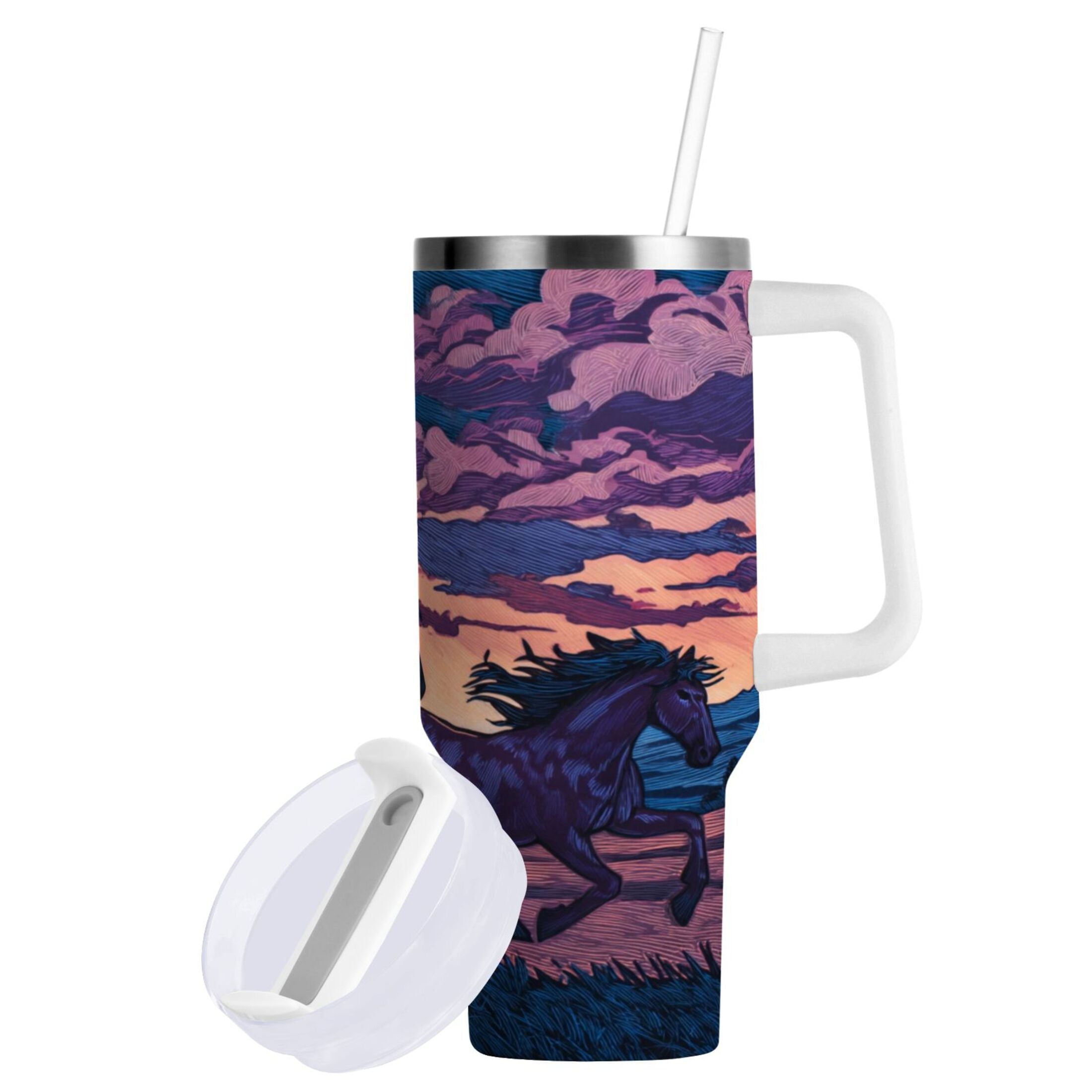 40 oz Insulated Stainless Steel Tumbler Double Wall Stainless Steel Tumbler with 2-Way Drinking Wild Horses Running C506V