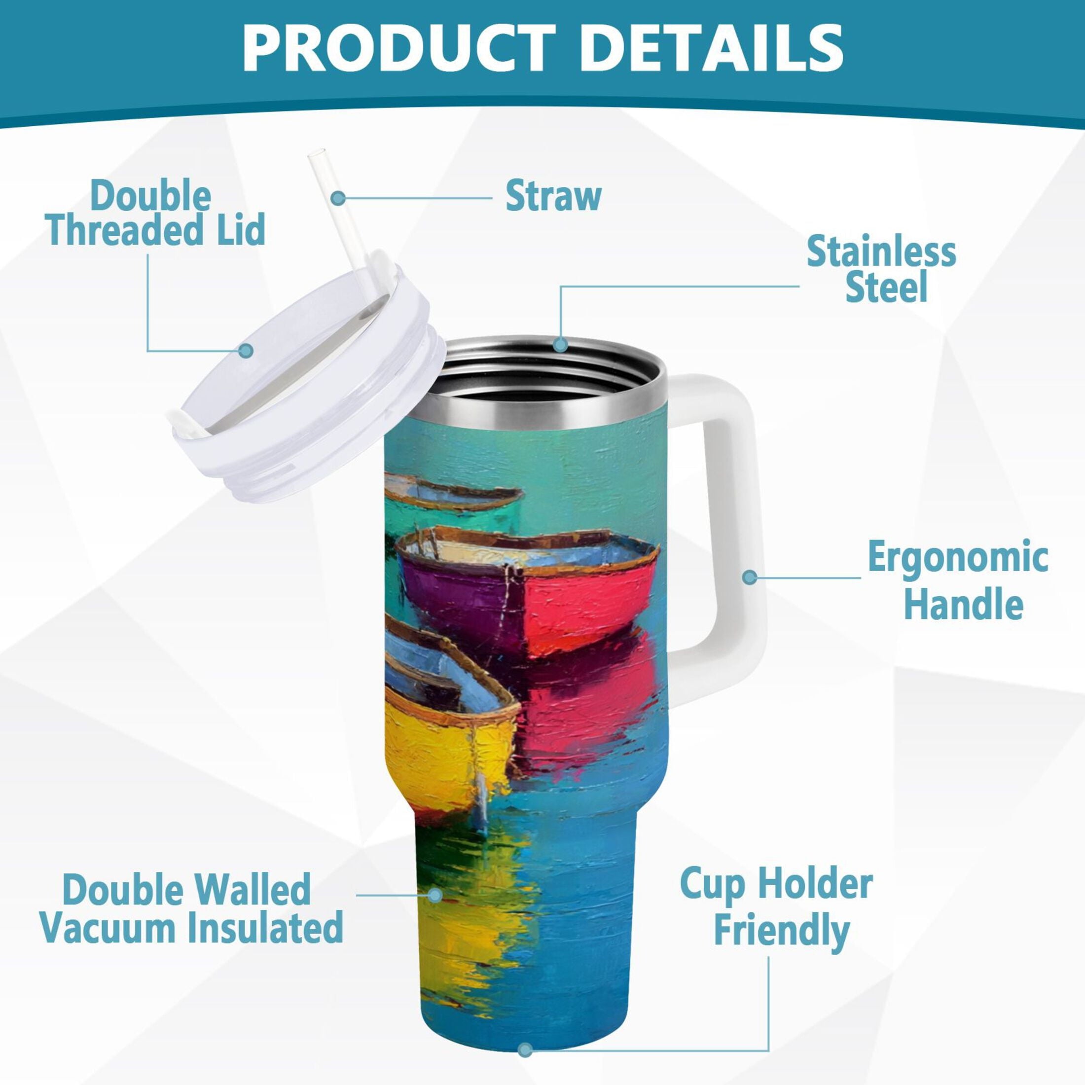 30 oz Insulated Stainless Steel Tumbler Double Wall Stainless Steel Tumbler with 2-Way Drinking Colorful Row Boats C555W