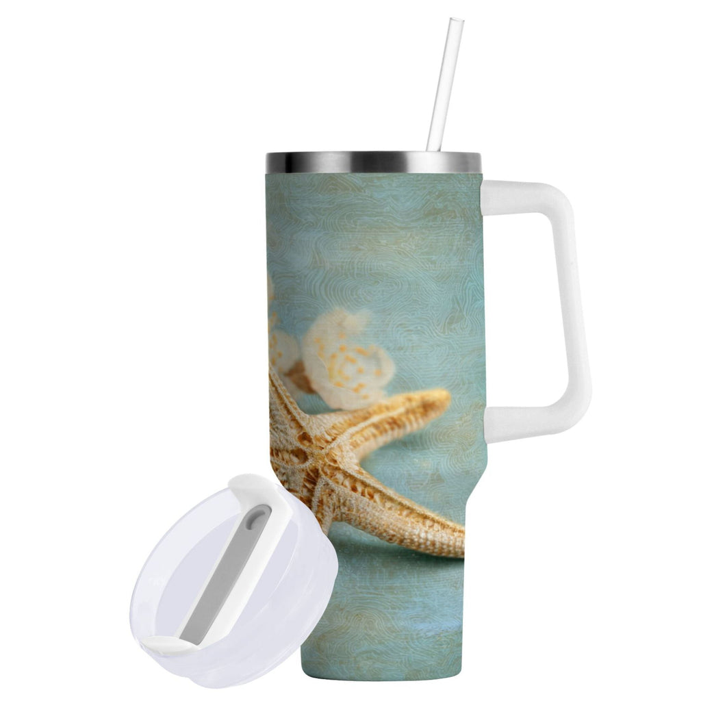 30 oz Insulated Stainless Steel Tumbler Double Wall Stainless Steel Tumbler with 2-Way Drinking Starfish with Flowers C451Q
