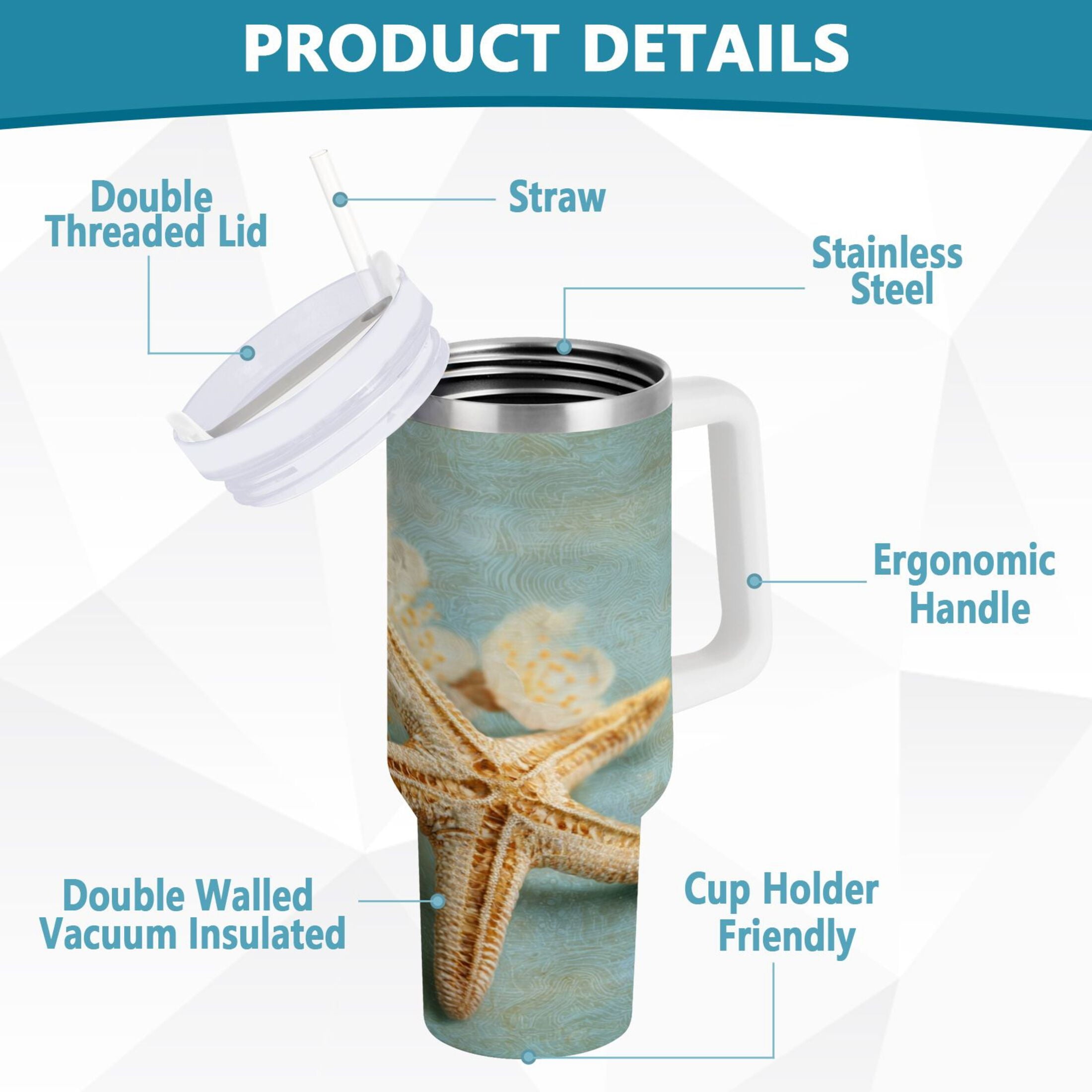 30 oz Insulated Stainless Steel Tumbler Double Wall Stainless Steel Tumbler with 2-Way Drinking Starfish with Flowers C451Q