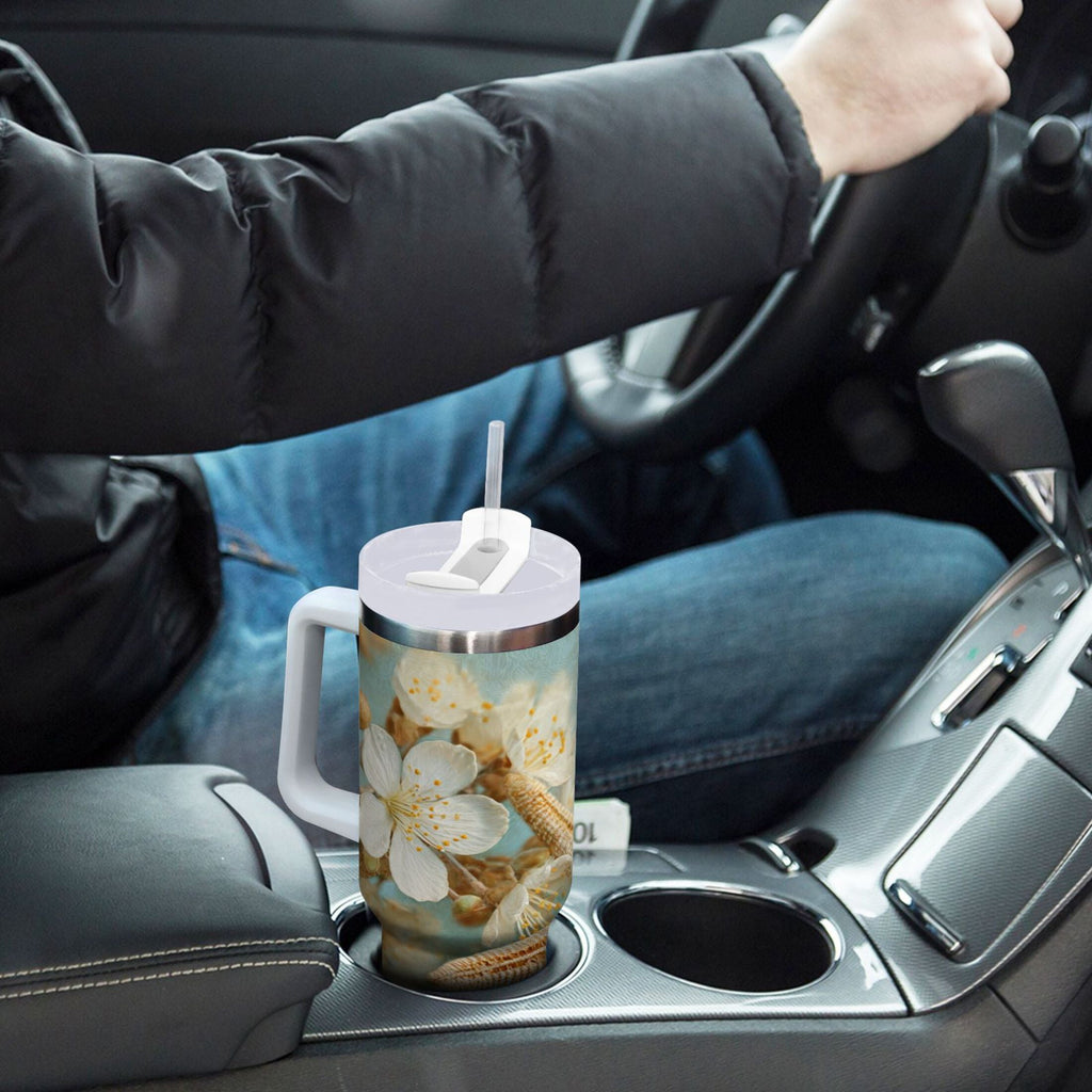 30 oz Insulated Stainless Steel Tumbler Double Wall Stainless Steel Tumbler with 2-Way Drinking Starfish with Flowers C451Q