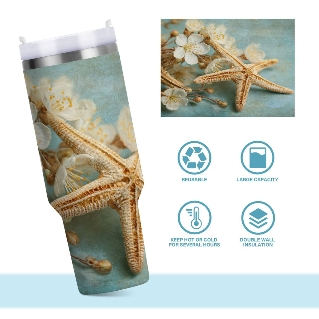 30 oz Insulated Stainless Steel Tumbler Double Wall Stainless Steel Tumbler with 2-Way Drinking Starfish with Flowers C451Q