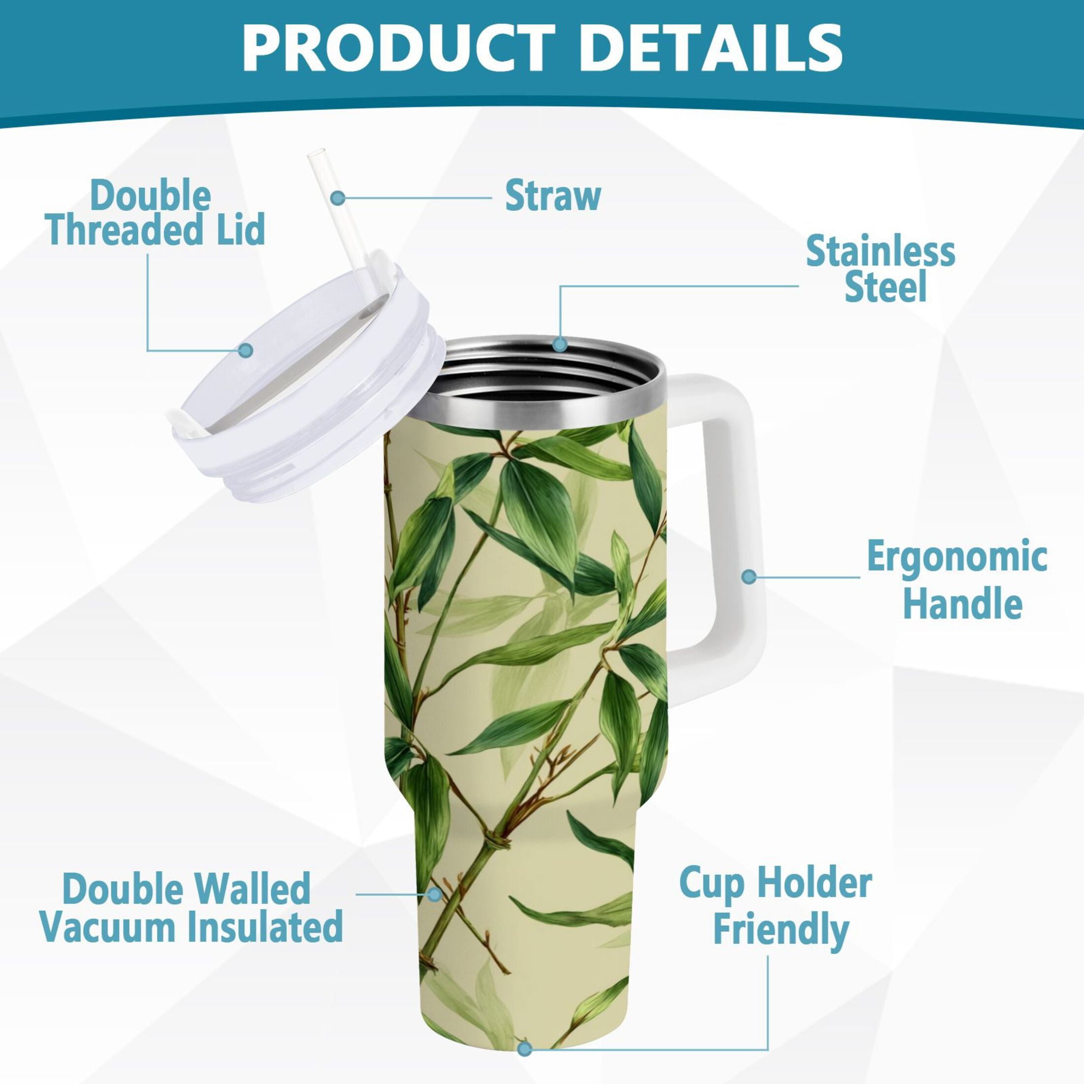 30 oz Insulated Stainless Steel Tumbler Double Wall Stainless Steel Tumbler with 2-Way Drinking Bamboo Pattern C558J