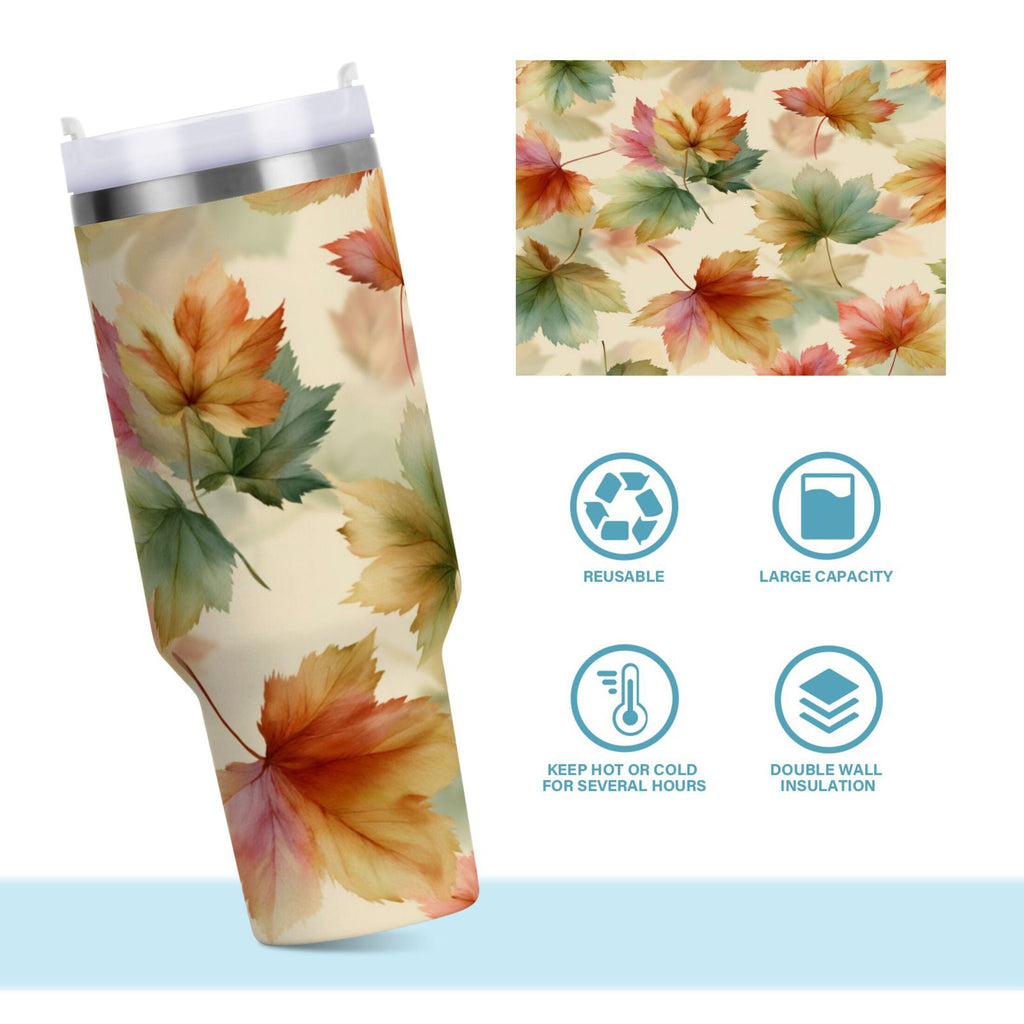 40 oz Insulated Stainless Steel Tumbler Double Wall Stainless Steel Tumbler with 2-Way Drinking Watercolor Maple Leaves Pattern C513H