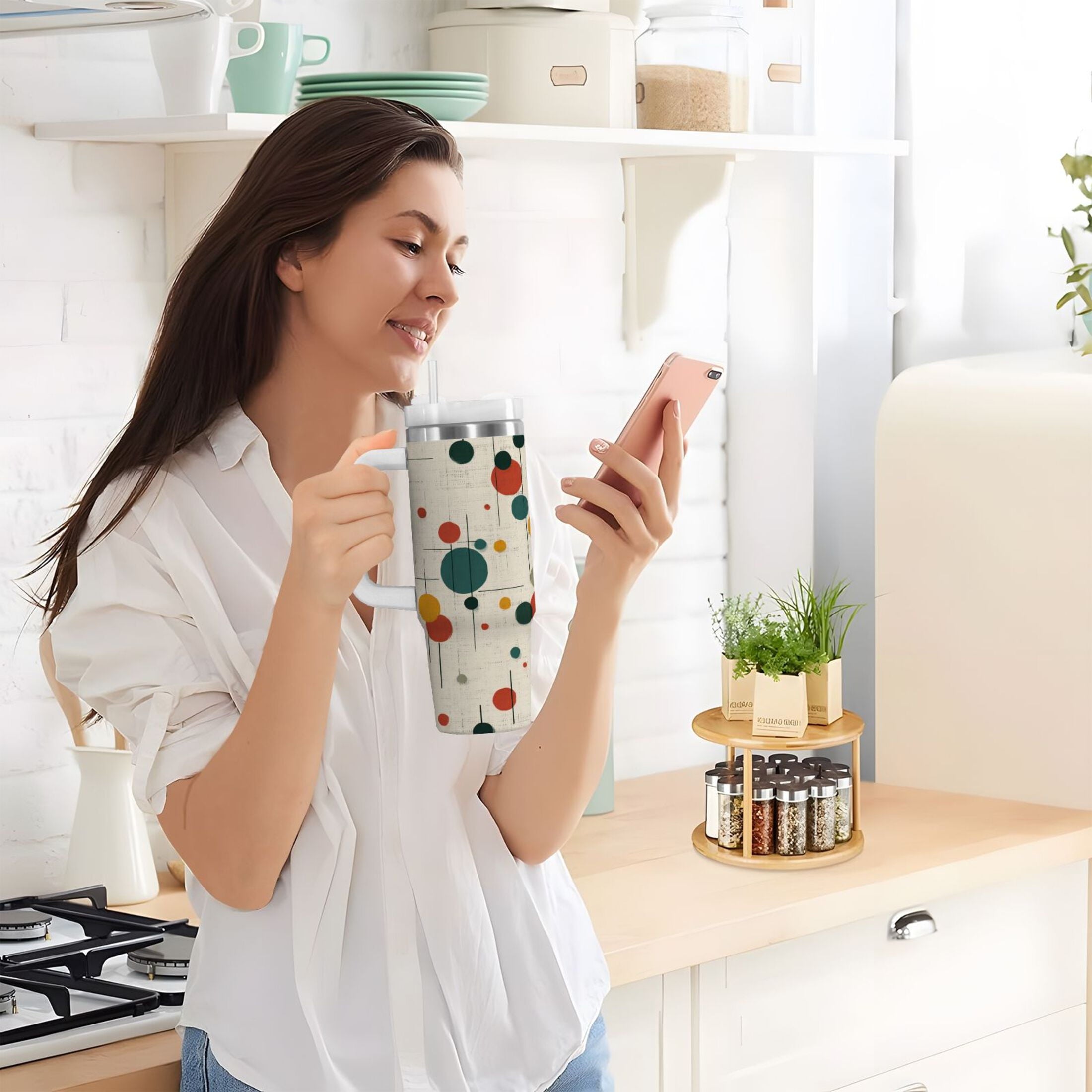 30 oz Insulated Stainless Steel Tumbler Double Wall Stainless Steel Tumbler with 2-Way Drinking Colorful Dots and Lines C646Y