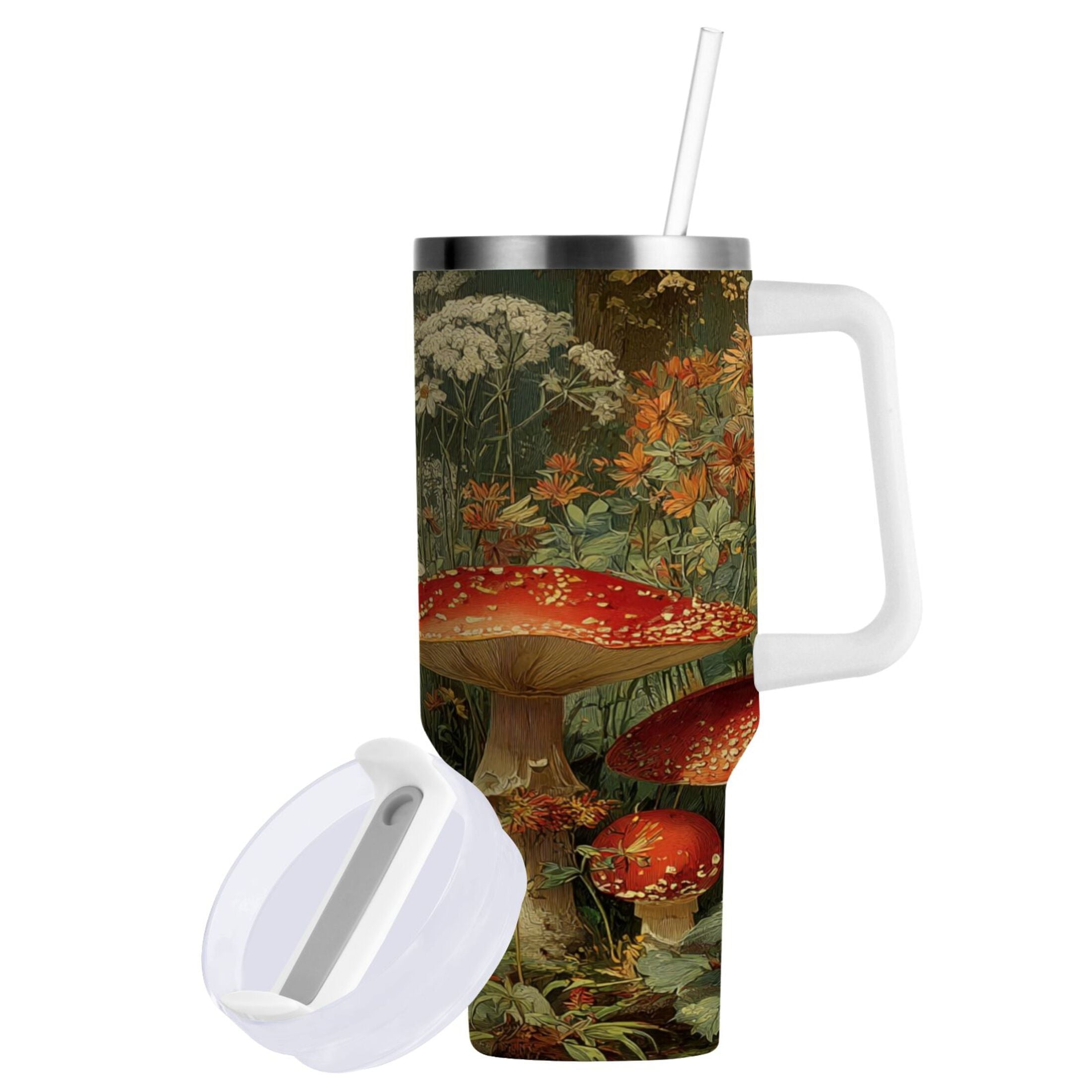 40 oz Insulated Stainless Steel Tumbler Double Wall Stainless Steel Tumbler with 2-Way Drinking Red Mushrooms C505L