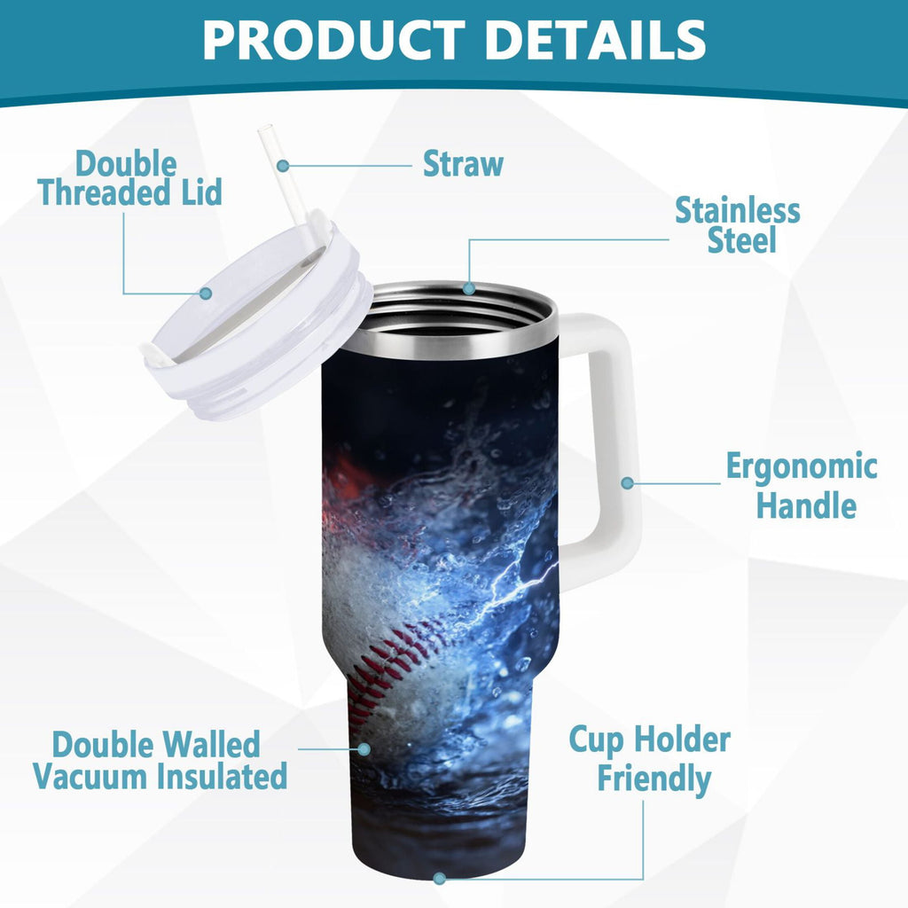 40 oz Insulated Stainless Steel Tumbler Double Wall Stainless Steel Tumbler with 2-Way Drinking Baseball with Water and Fire C680N