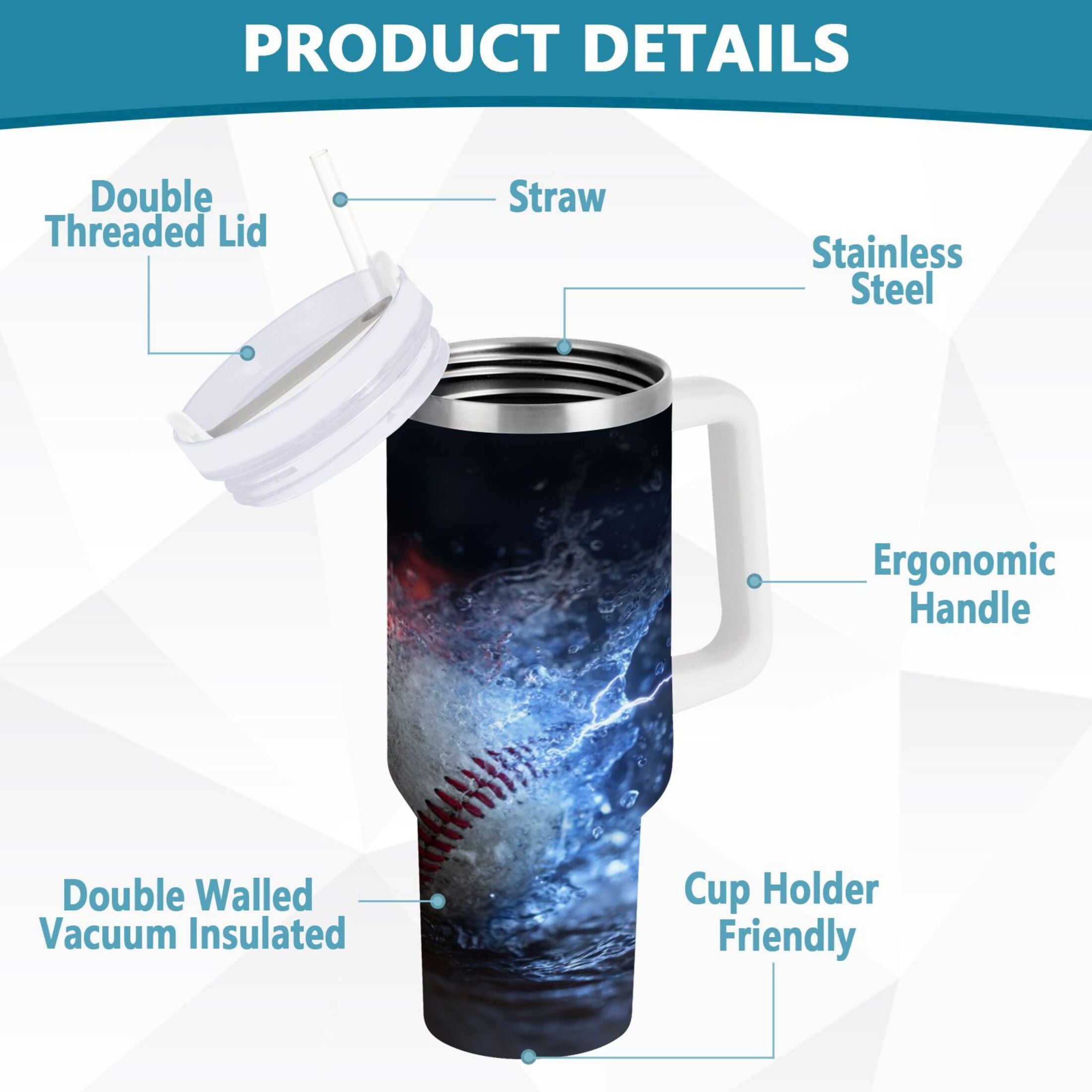 40 oz Insulated Stainless Steel Tumbler Double Wall Stainless Steel Tumbler with 2-Way Drinking Baseball with Water and Fire C680N