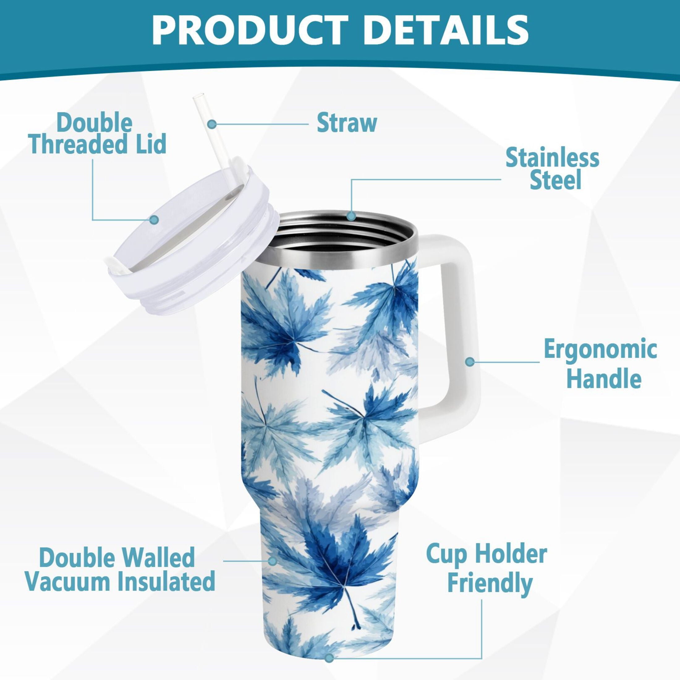 30 oz Insulated Stainless Steel Tumbler Double Wall Stainless Steel Tumbler with 2-Way Drinking Abstract Blue Maple Leaves C581M