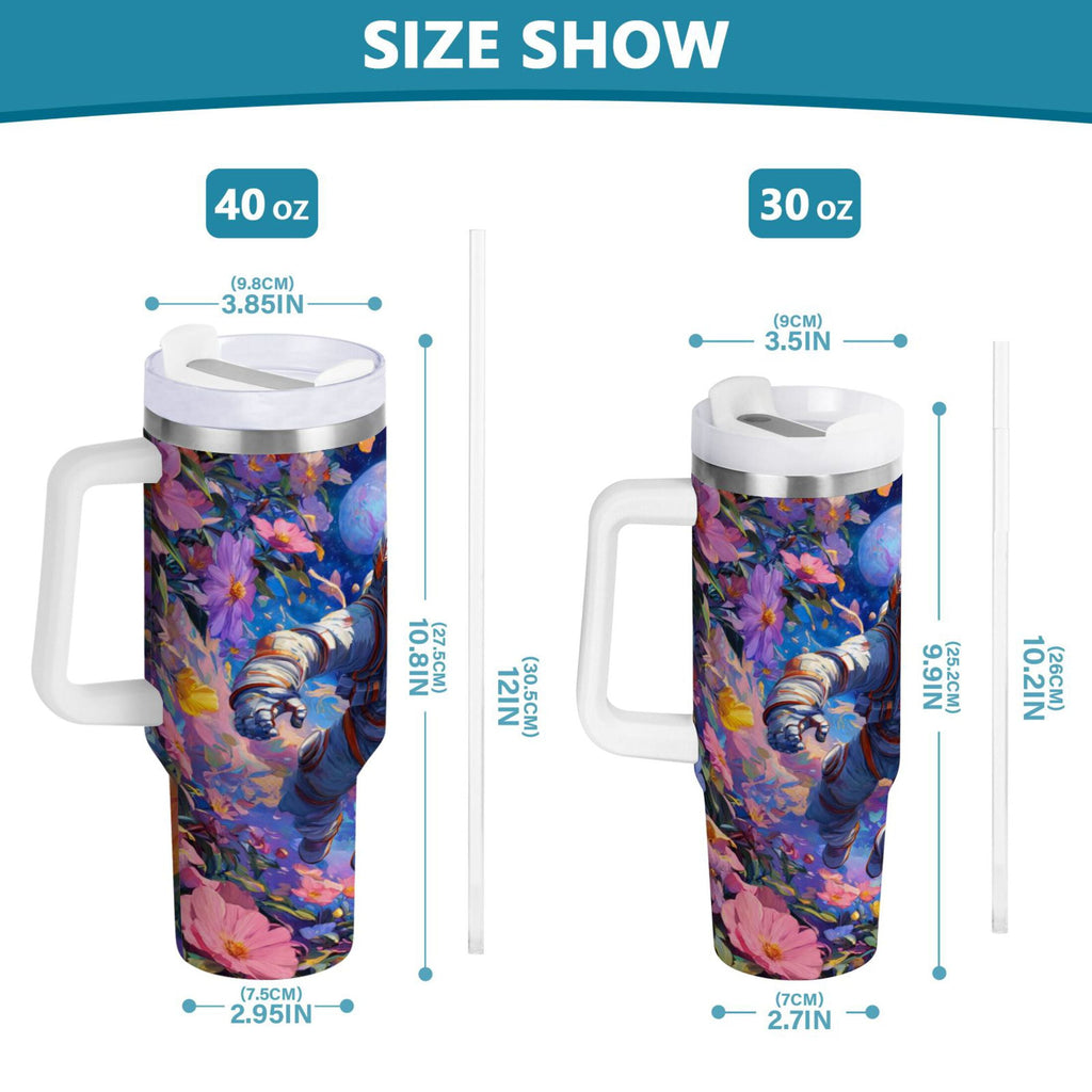 40 oz Insulated Stainless Steel Tumbler Double Wall Stainless Steel Tumbler with 2-Way Drinking Astronaut and Colorful Flowers C562V