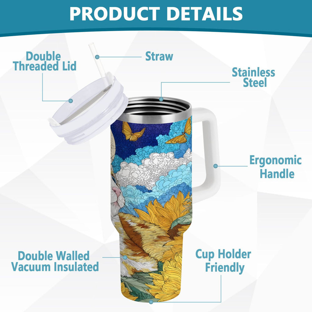 40 oz Insulated Stainless Steel Tumbler Double Wall Stainless Steel Tumbler with 2-Way Drinking Cat Lies in The Sunflowers C651A
