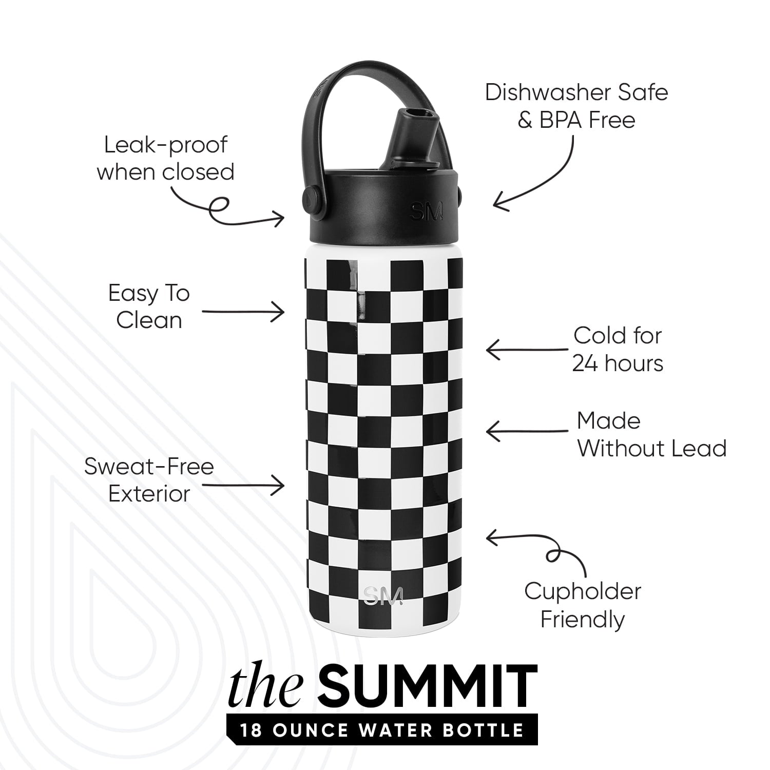 Simple Modern 18 fl oz Insulated Stainless Steel Summit Wide Mouth Water Bottle with Handle and Straw Lid|Black and White Checkmate C398F