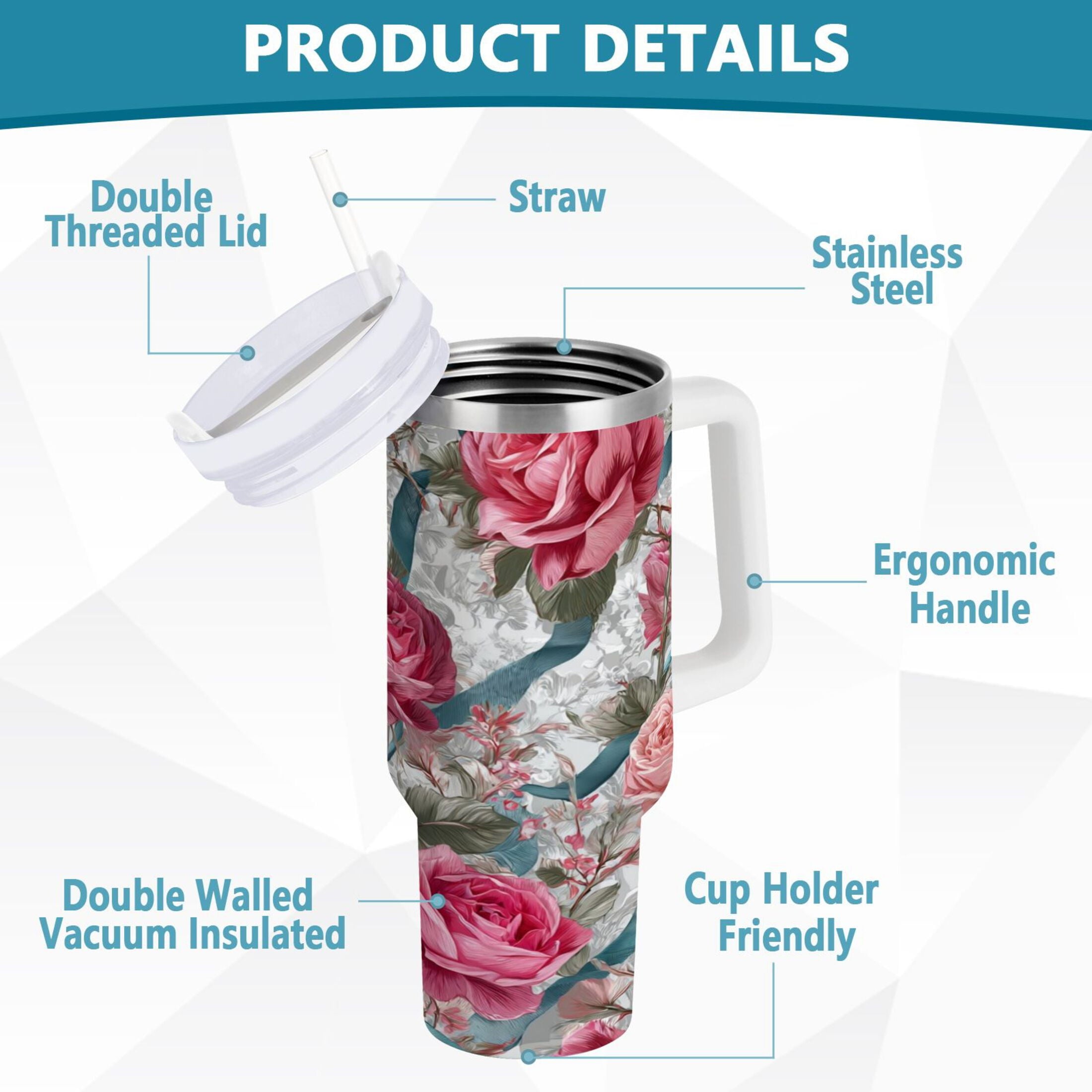 30 oz Insulated Stainless Steel Tumbler Double Wall Stainless Steel Tumbler with 2-Way Drinking Roses and Ribbons C675M