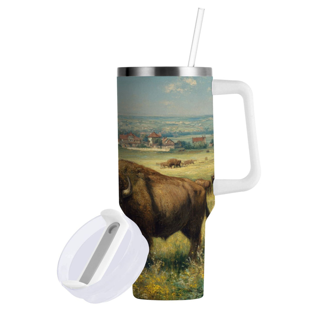 30 oz Insulated Stainless Steel Tumbler Double Wall Stainless Steel Tumbler with 2-Way Drinking Buffalo Herd Oil Painting C660X